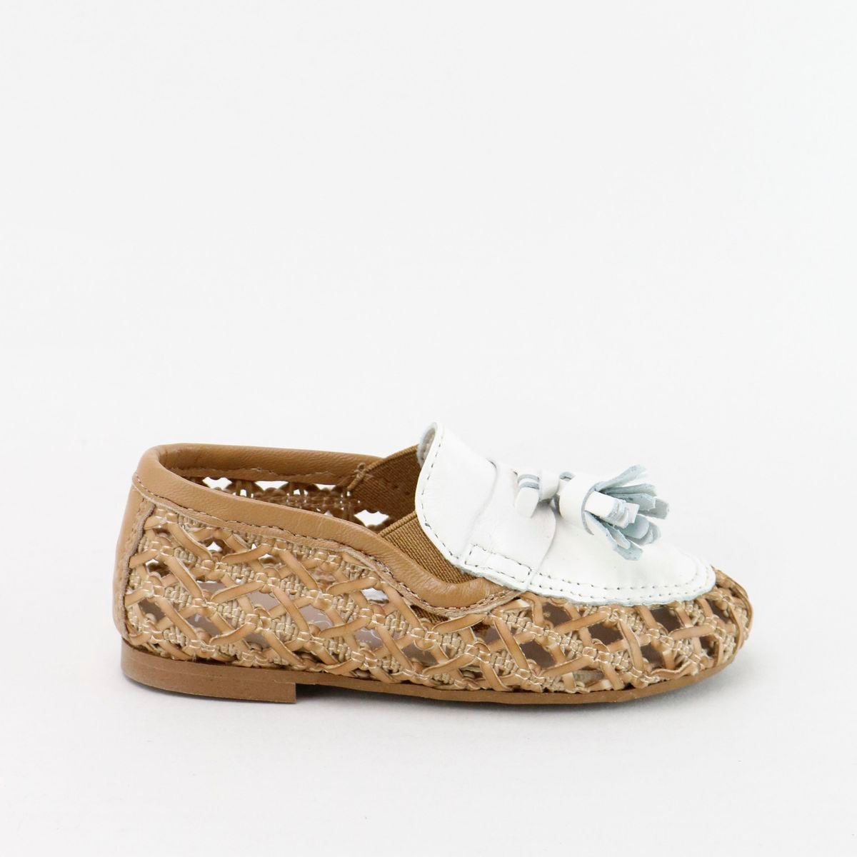 Papanatas White and Camel Tassel Wicker Loafer-Tassel Children Shoes