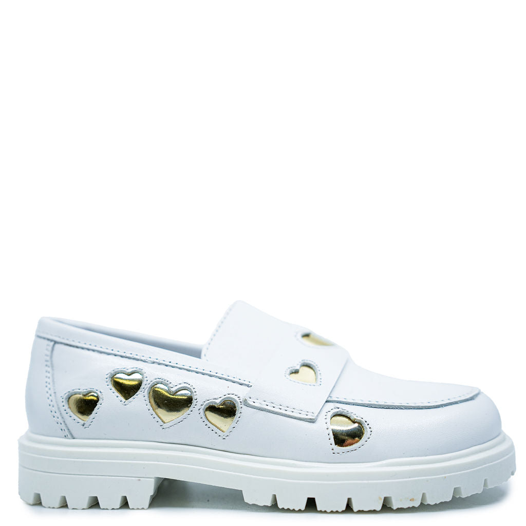 Spain+Co White and Gold Heart Chunky Loafer-Tassel Children Shoes