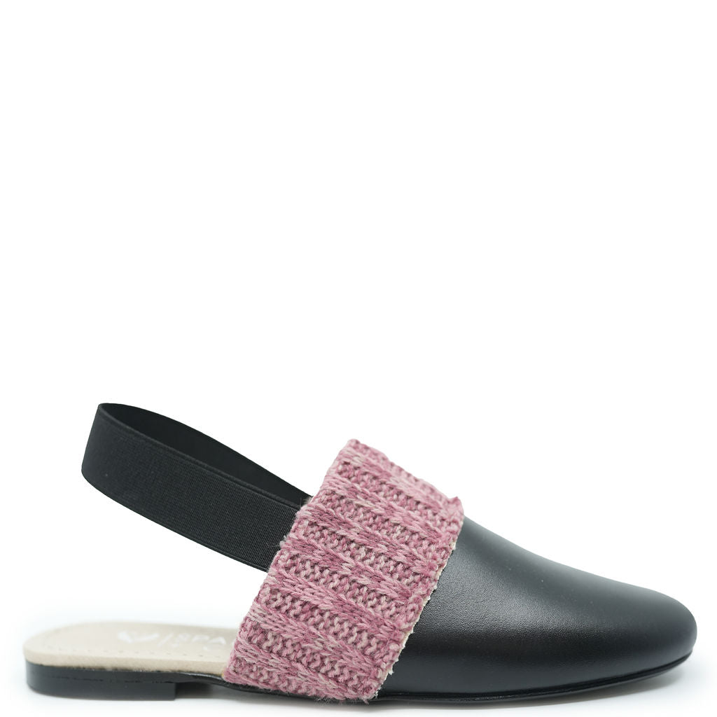Spain+Co Black Leather Pink Knit Slingback-Tassel Children Shoes