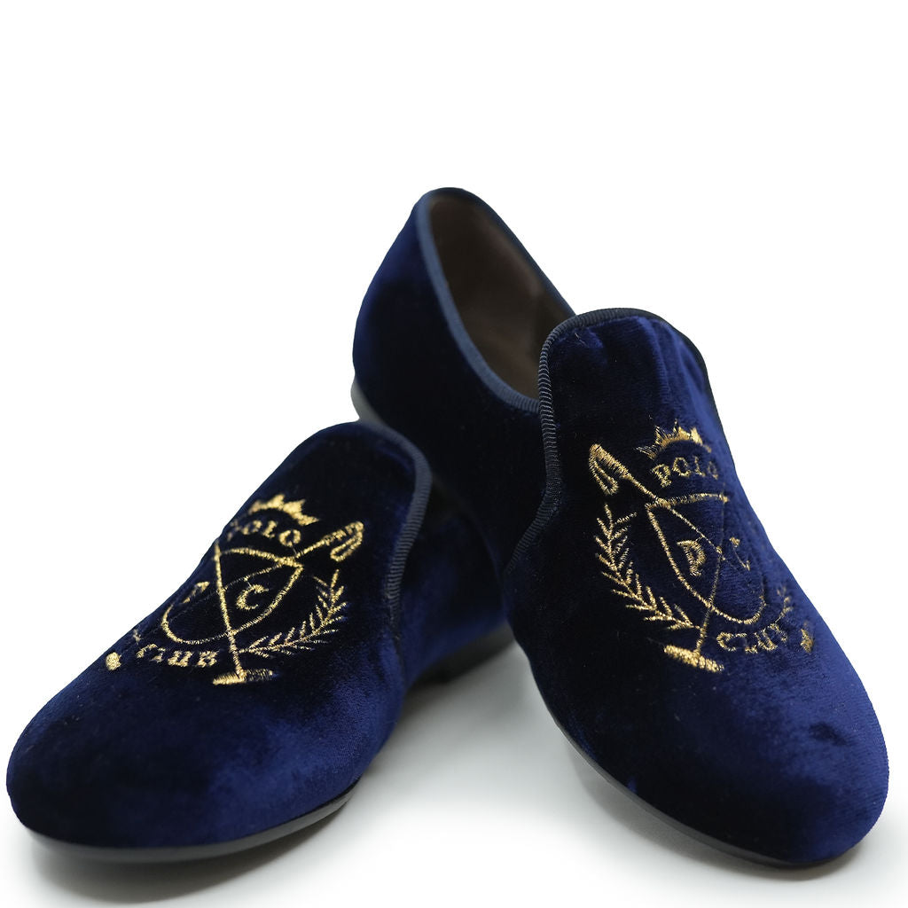 Papanatas Navy Velvet Polo Club Embroidered Smoking Loafer-Tassel Children Shoes
