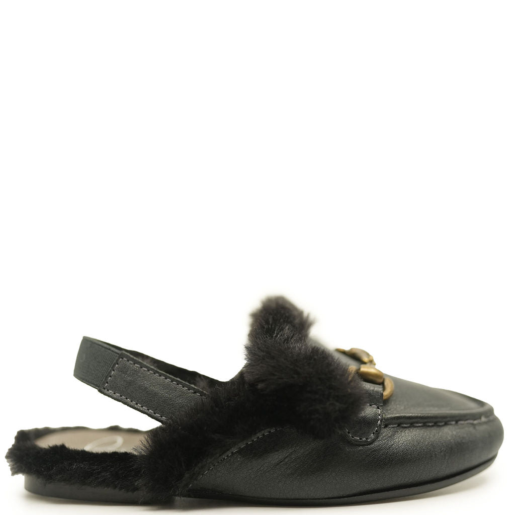 Papanatas Black Leather Fur Buckle Slingback-Tassel Children Shoes