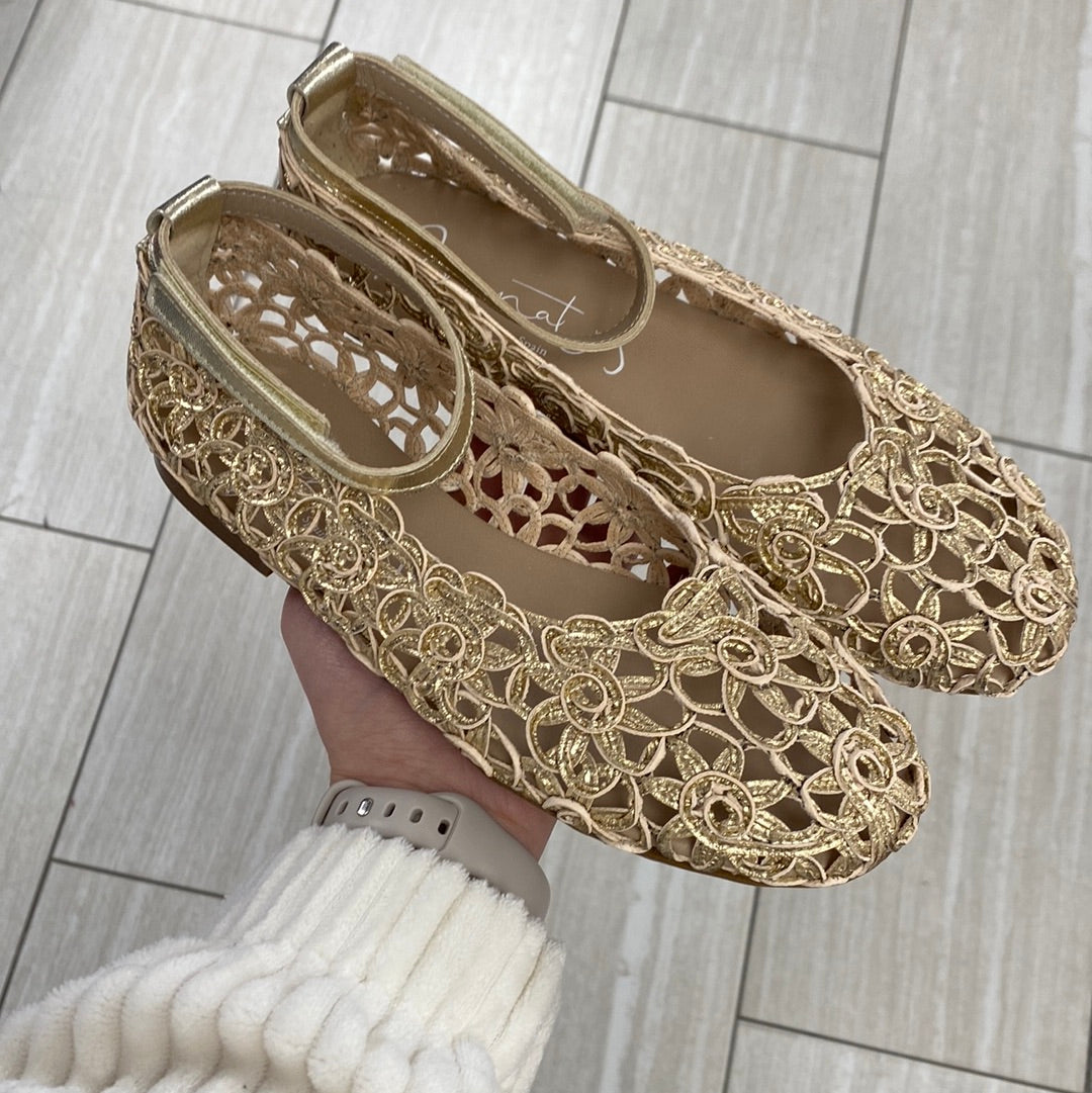 Papanatas Gold Floral Open Weave Ballet Flat-Tassel Children Shoes