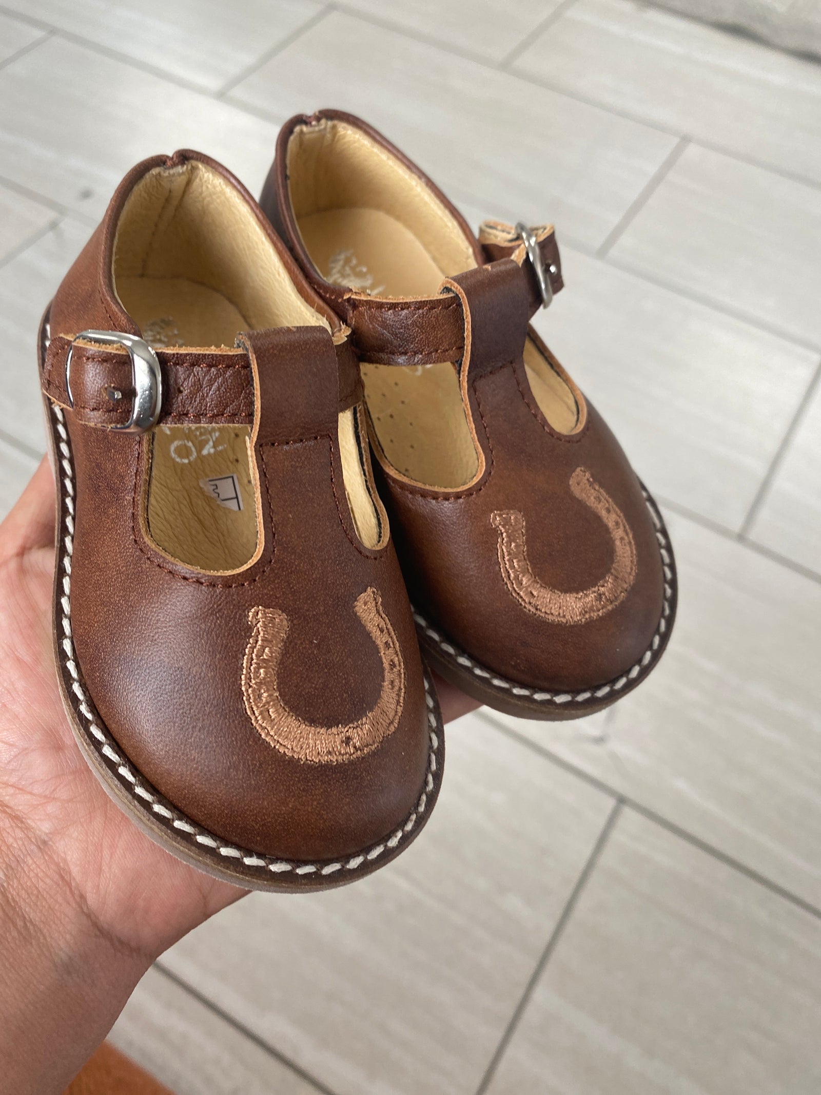 Spain+Co Tabaco Horseshoe T Strap Loafer-Tassel Children Shoes