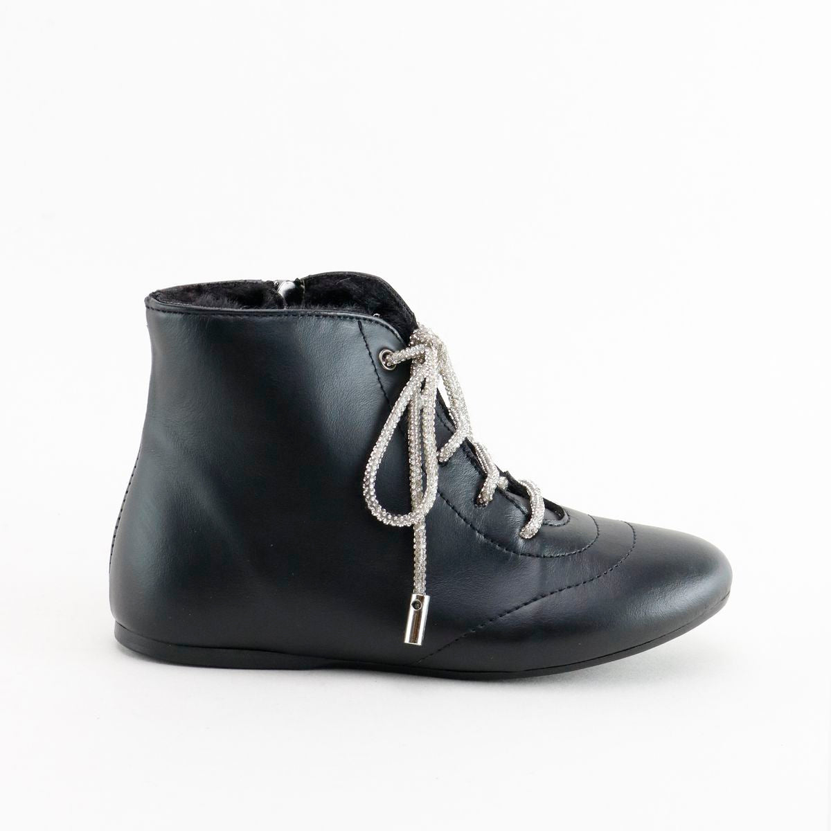 Papanatas Black Leather Rhinestone Lace Bootie-Tassel Children Shoes