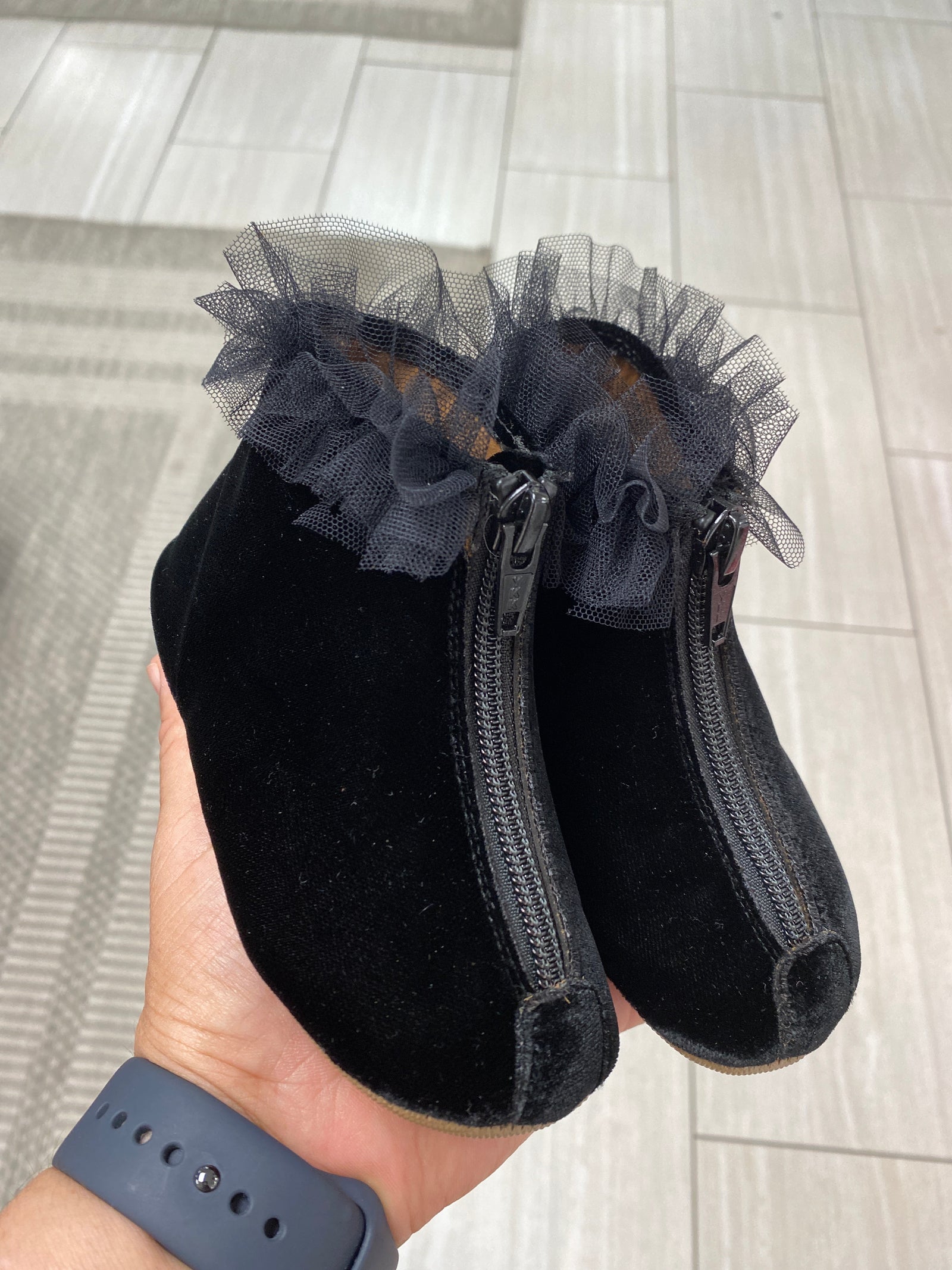 Pepe Black Velvet Ruffle Zipper Bootie-Tassel Children Shoes