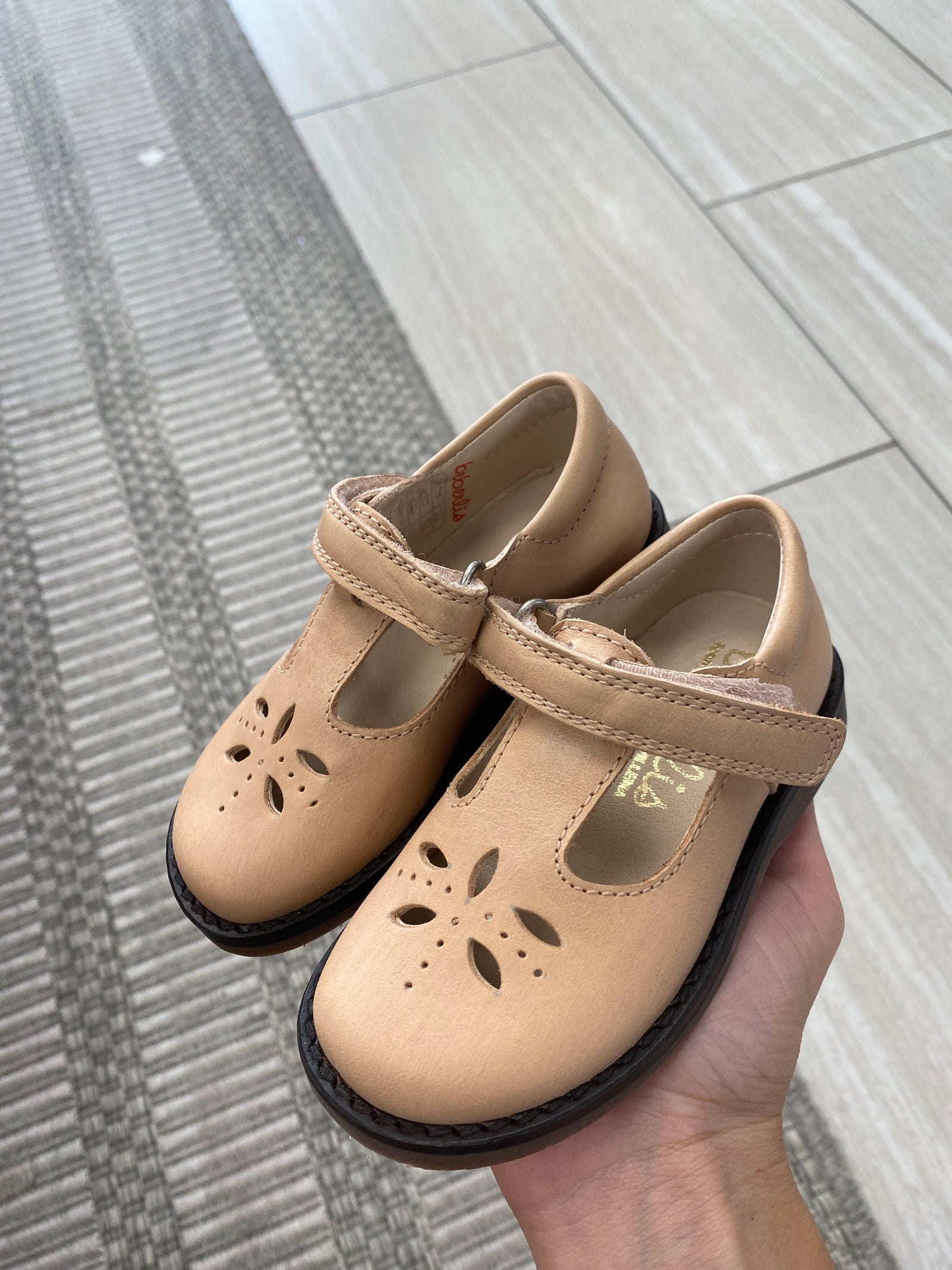 Beberlis Natural Pink Perforated Baby T Strap-Tassel Children Shoes