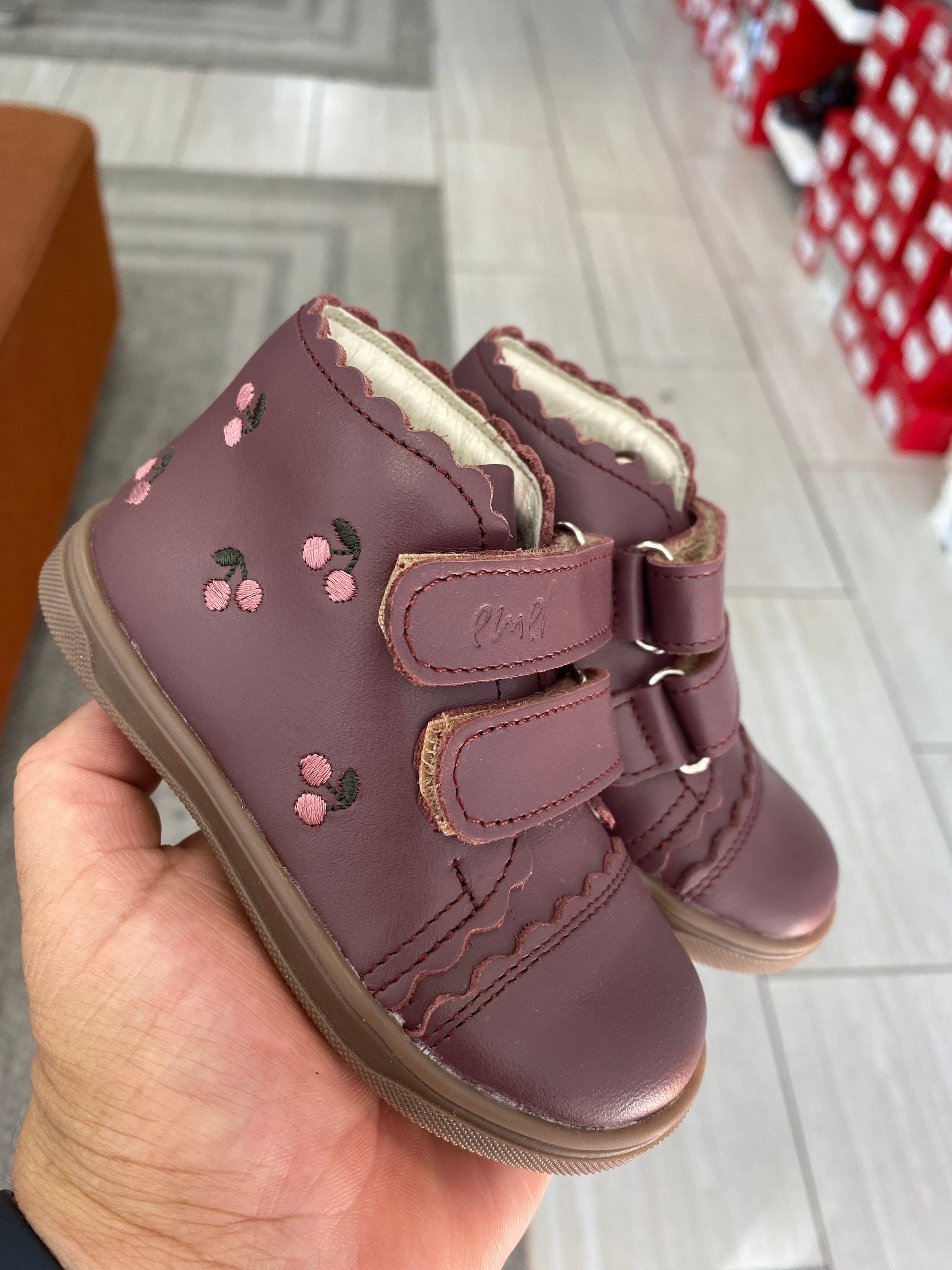 Emel Burgundy Cherry Scalloped Baby Sneaker