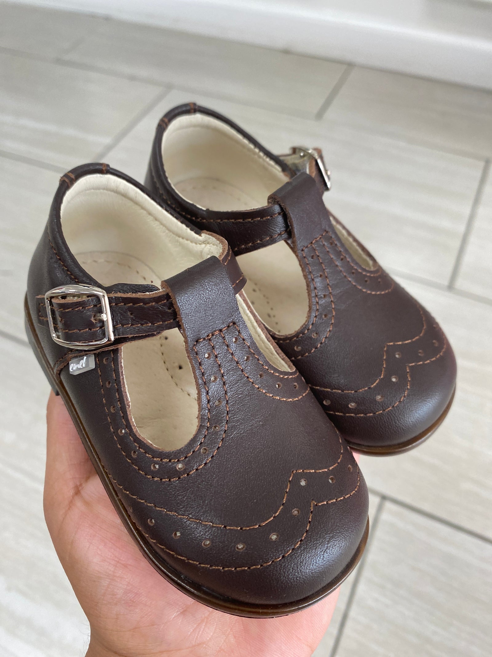 Emel Dark Brown Wingtip T Strap Baby Shoe-Tassel Children Shoes