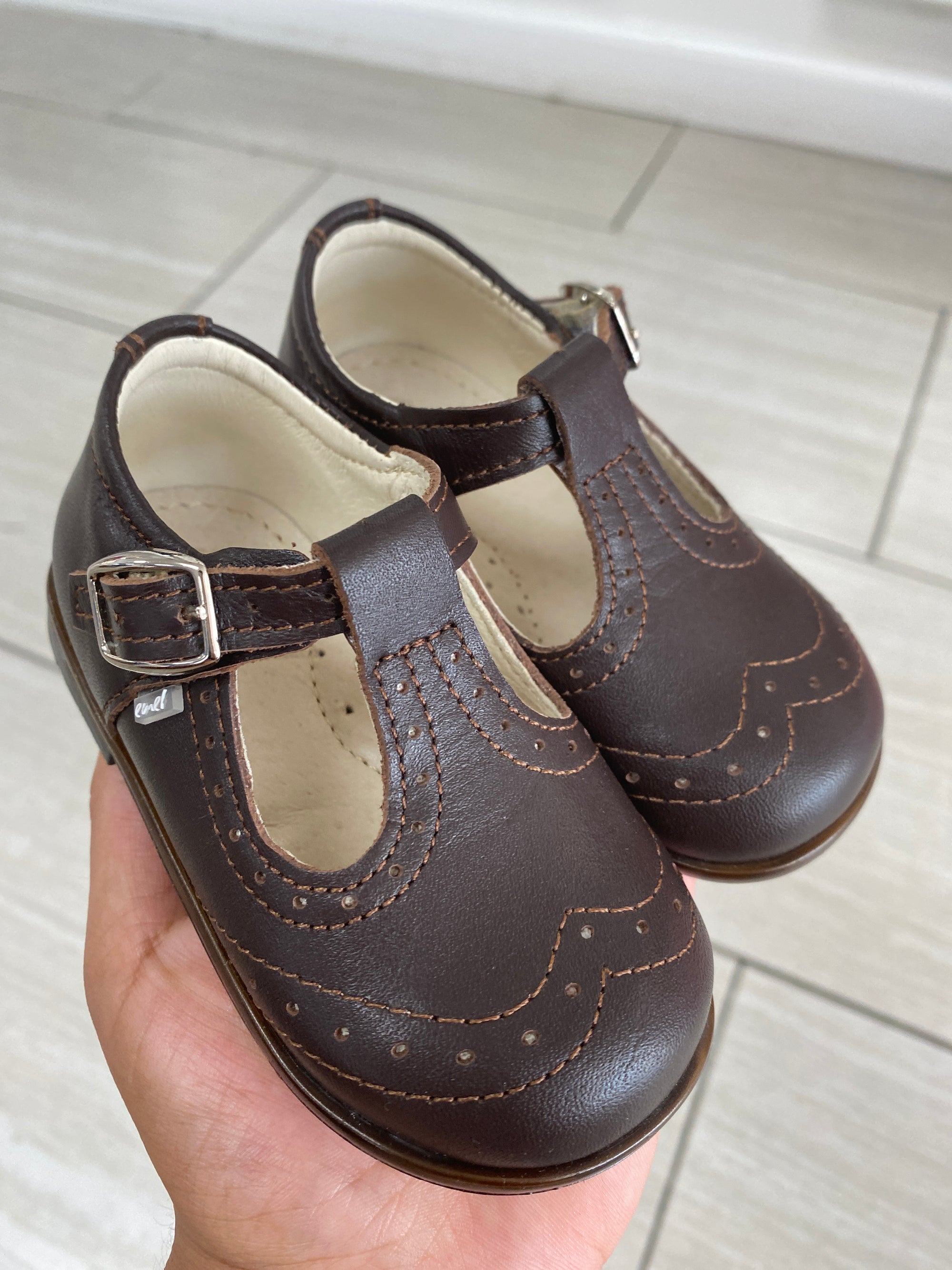 Emel Dark Brown Wingtip T Strap Baby Shoe-Tassel Children Shoes