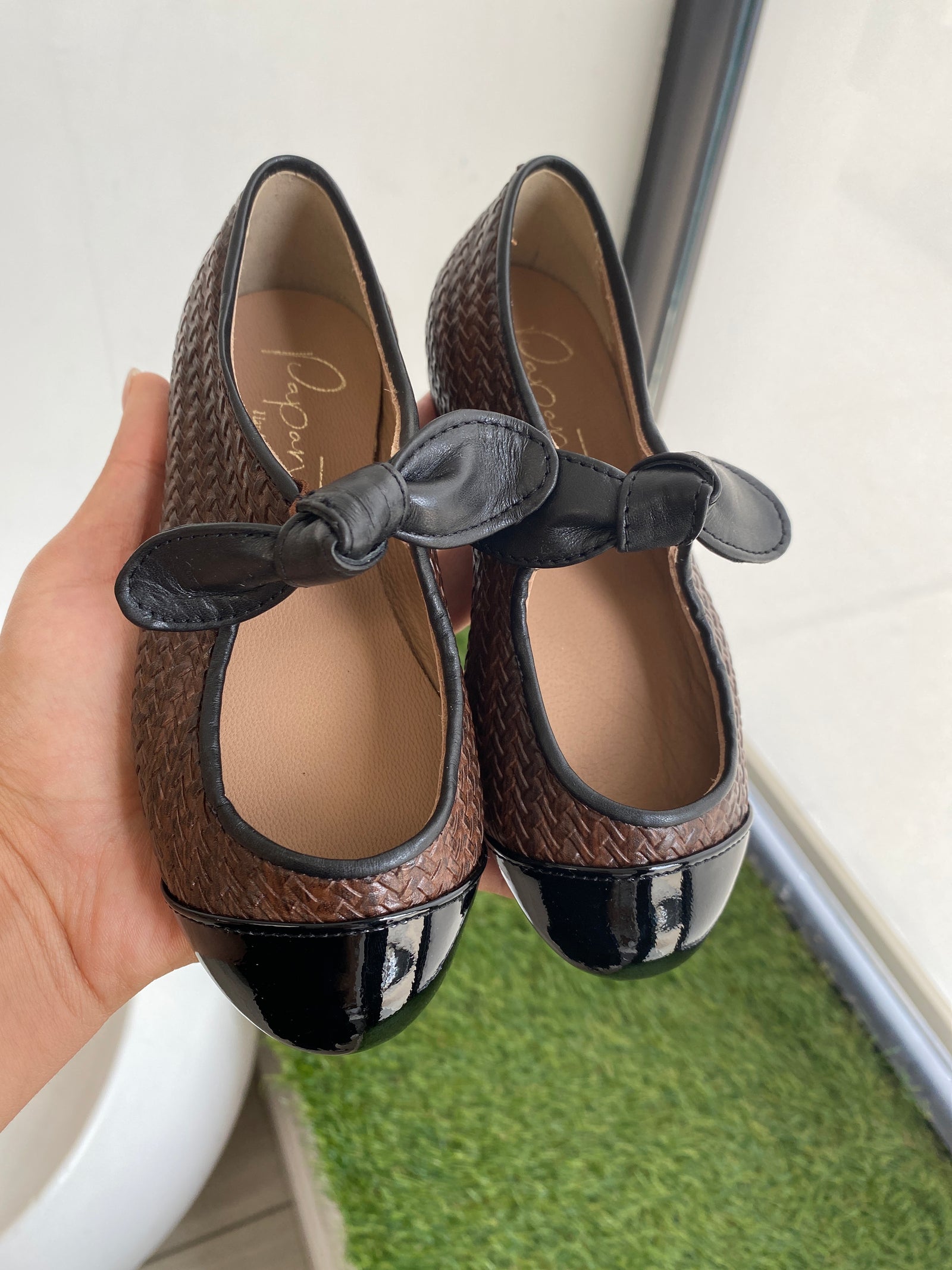 Papanatas Brown Weave Bow Captoe Mary Jane-Tassel Children Shoes