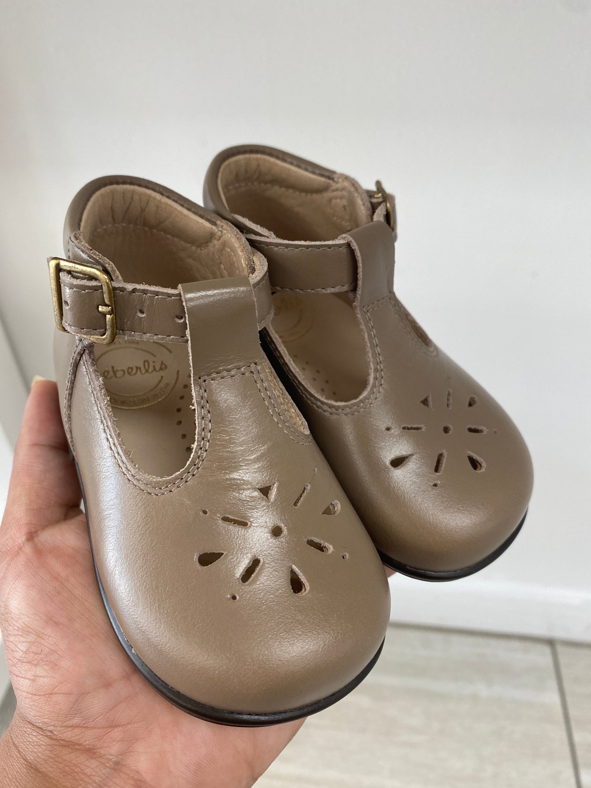 Beberlis Taupe Brown Perf Baby T Strap-Tassel Children Shoes