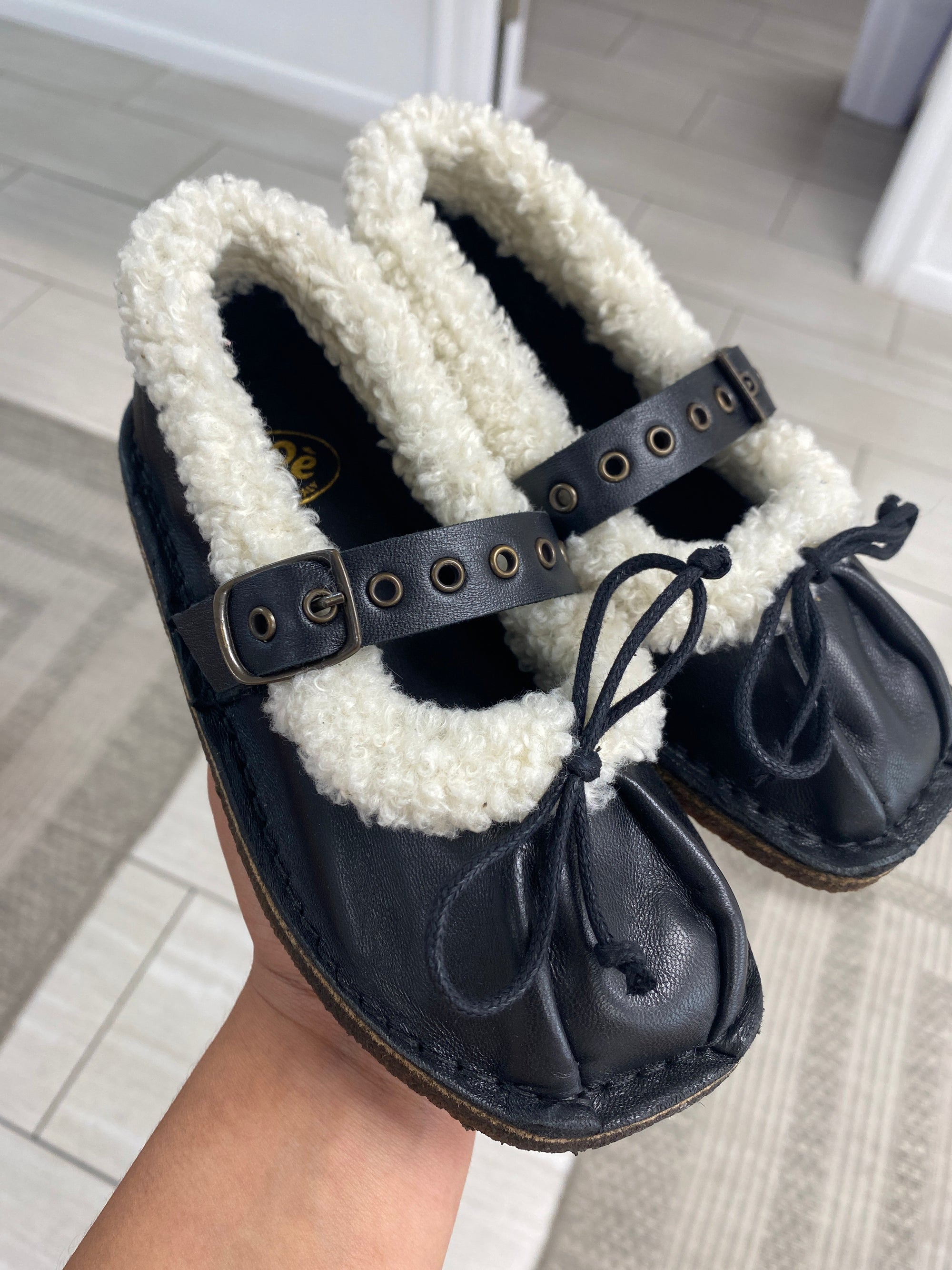 Pepe Black and Ivory Fur Buckle Shoe-Tassel Children Shoes