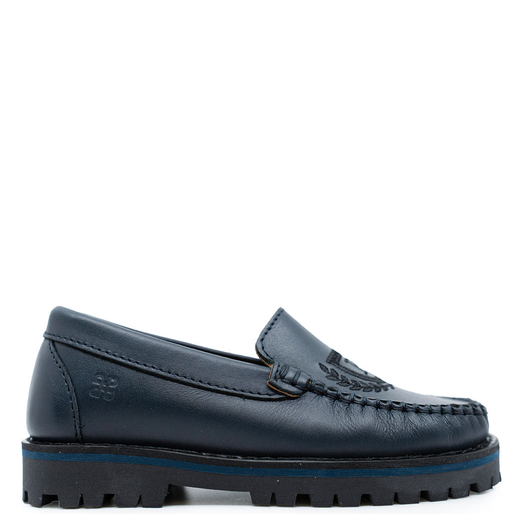 Porte Navy Embroidered Crest Chunky Loafer-Tassel Children Shoes