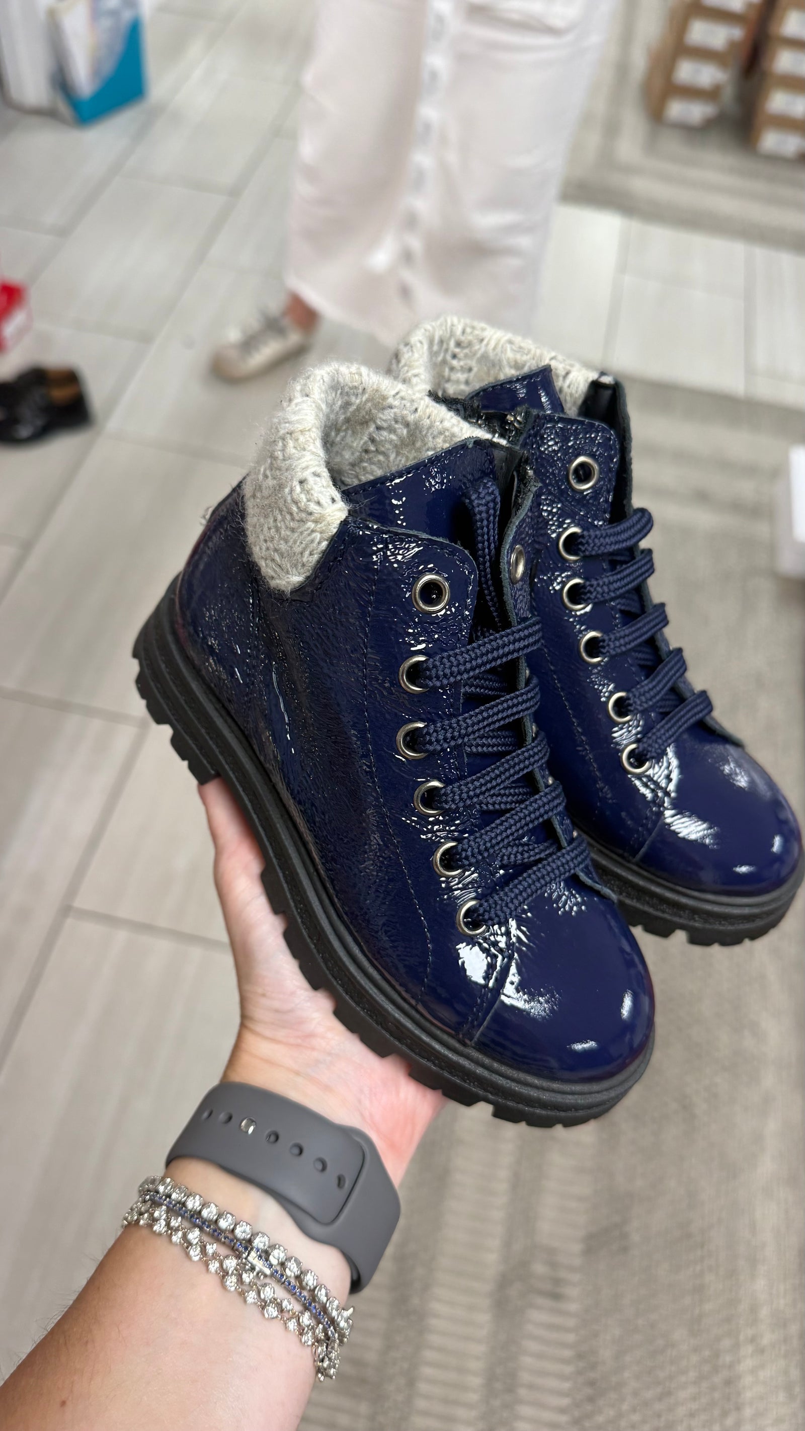 Blublonc Navy Patent Sweater Boot-Tassel Children Shoes