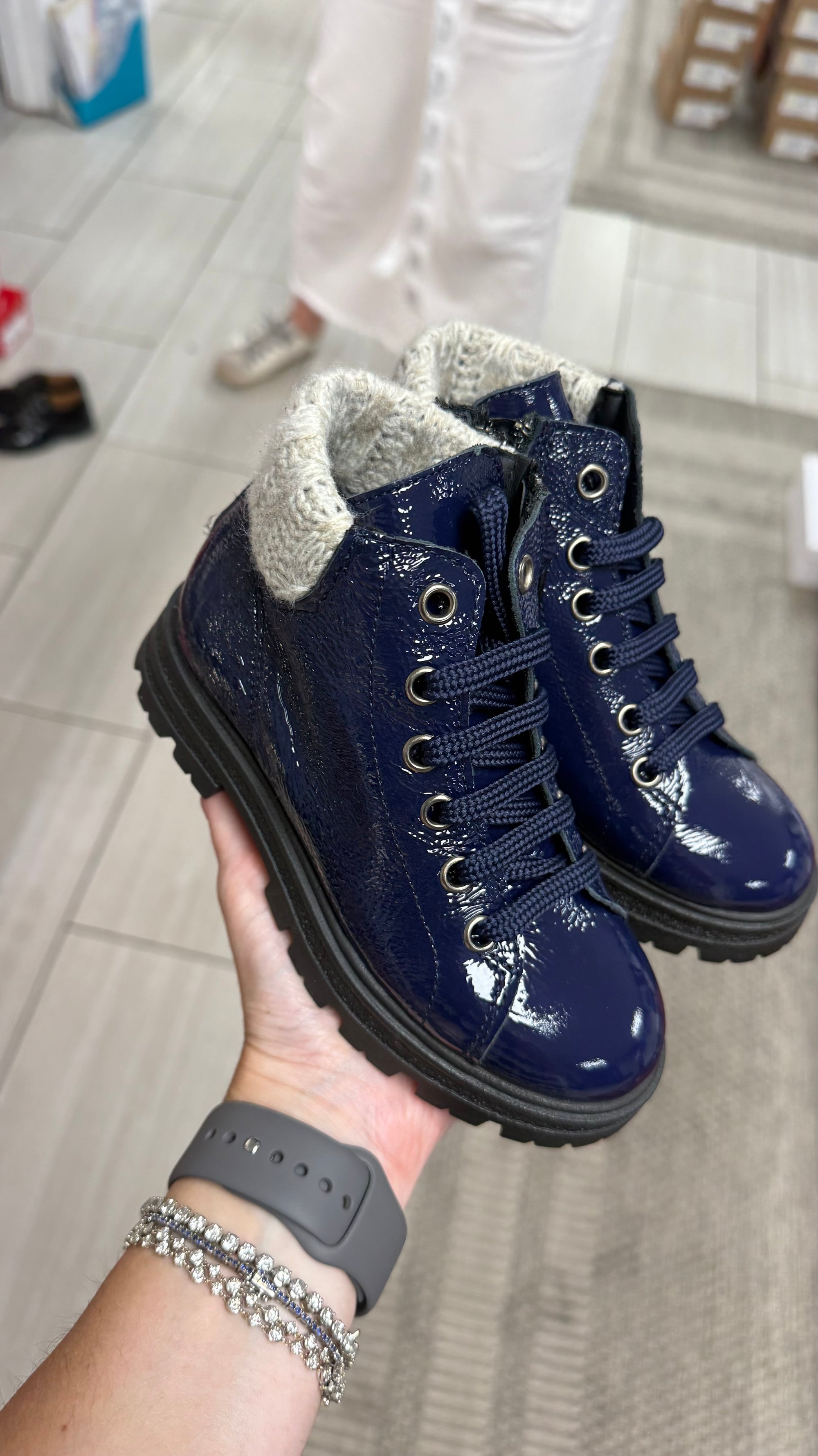 Blublonc Navy Patent Sweater Boot