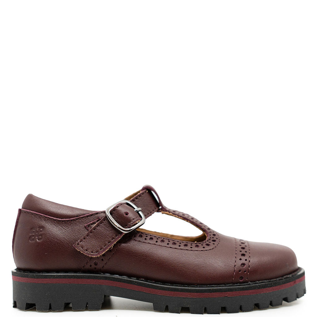 Porte Burgundy Chunky T Strap Loafer-Tassel Children Shoes