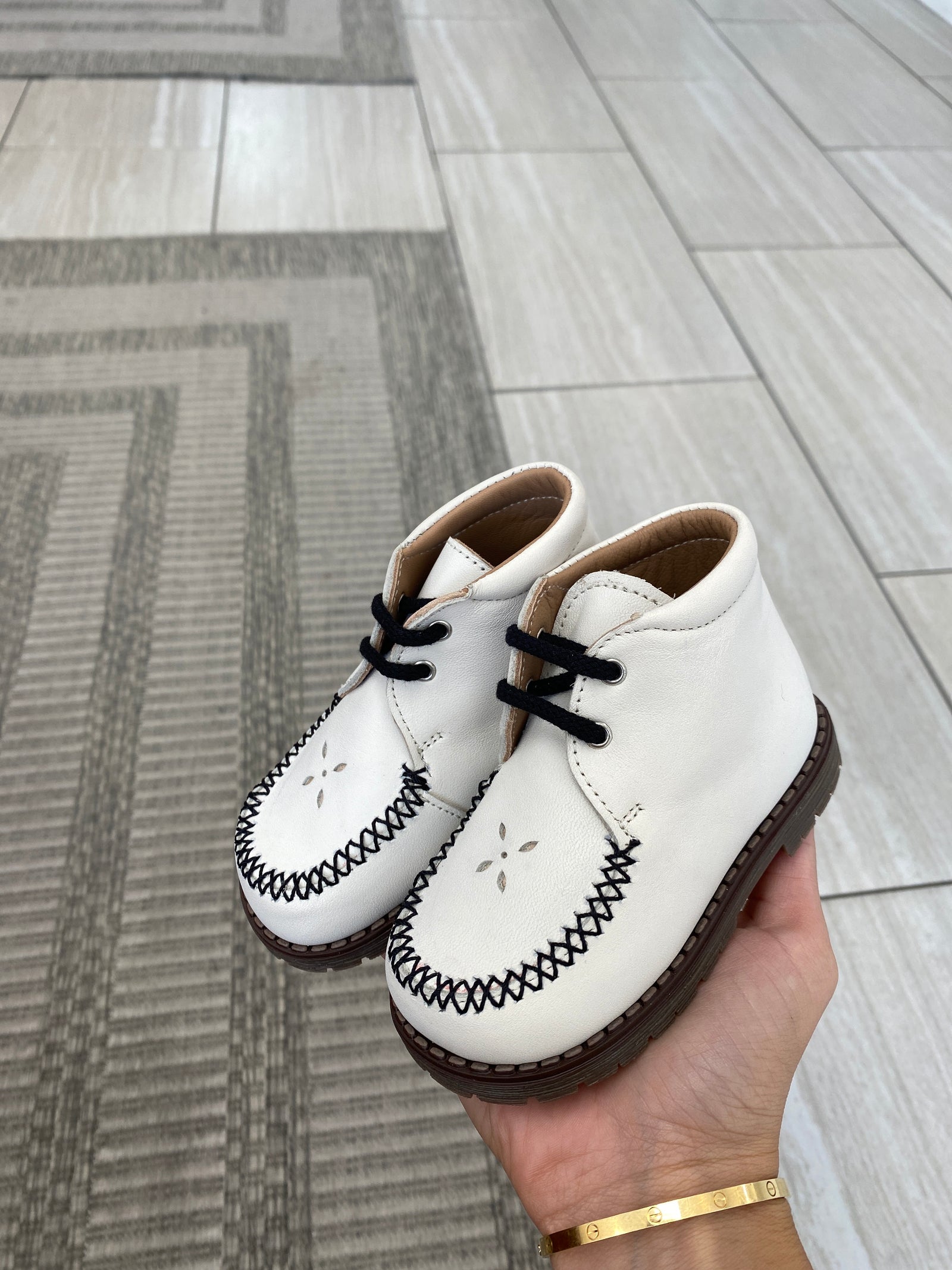 Papanatas White and Black Stitch Baby Bootie-Tassel Children Shoes