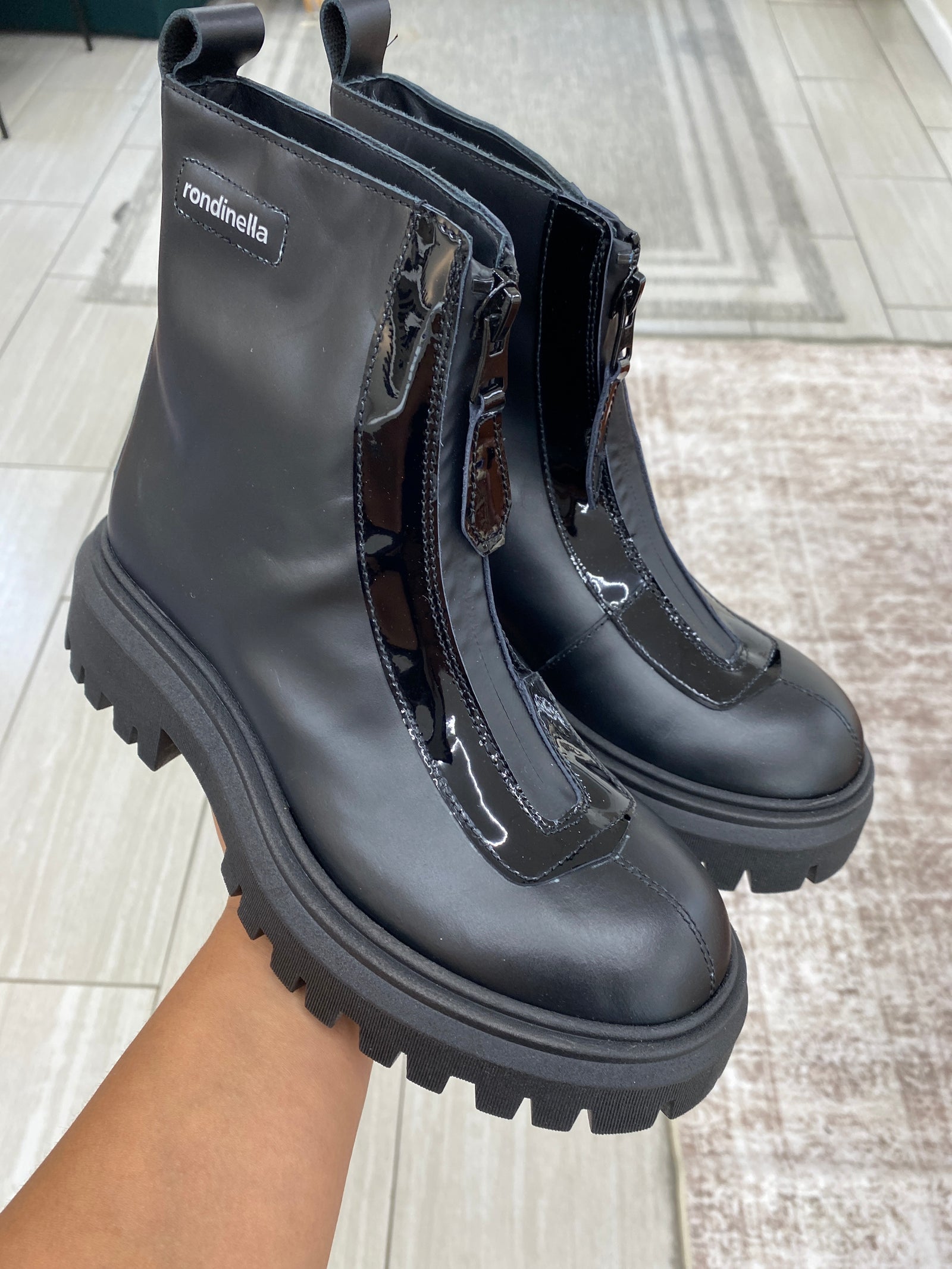 Rondinella Black Front Zipper Chunky Boot-Tassel Children Shoes