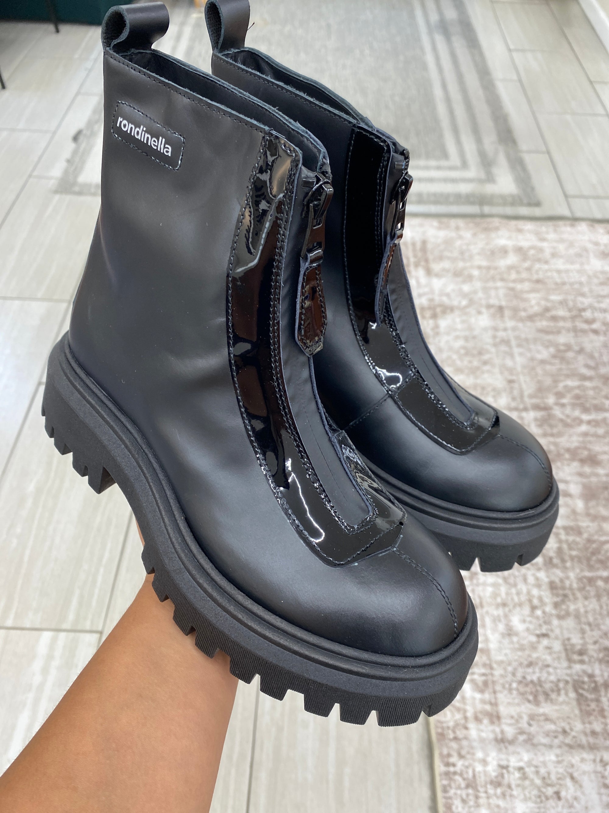 Rondinella Black Front Zipper Chunky Boot-Tassel Children Shoes