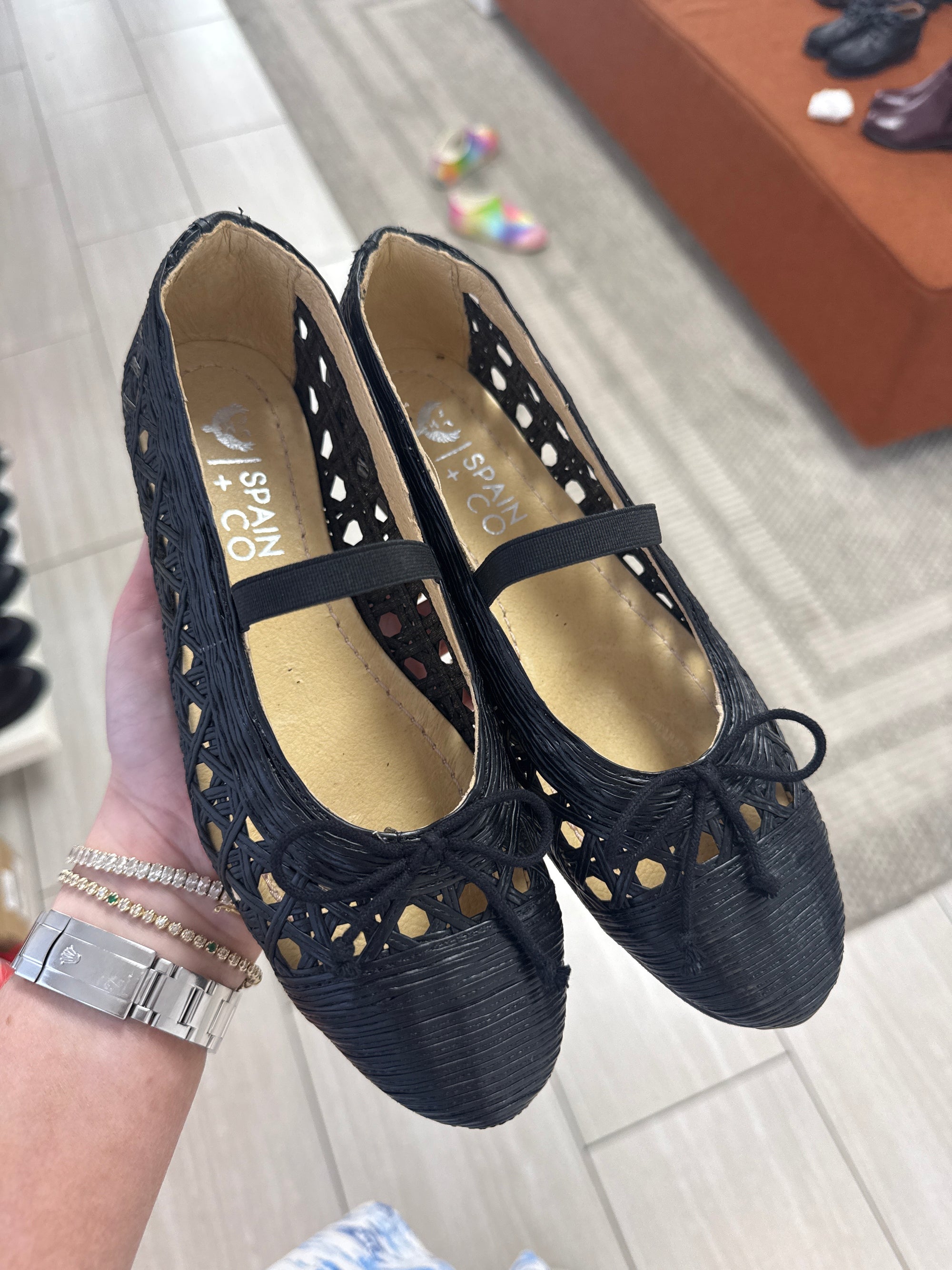 Spain+Co Black Leather Weave Bow Ballet Flat