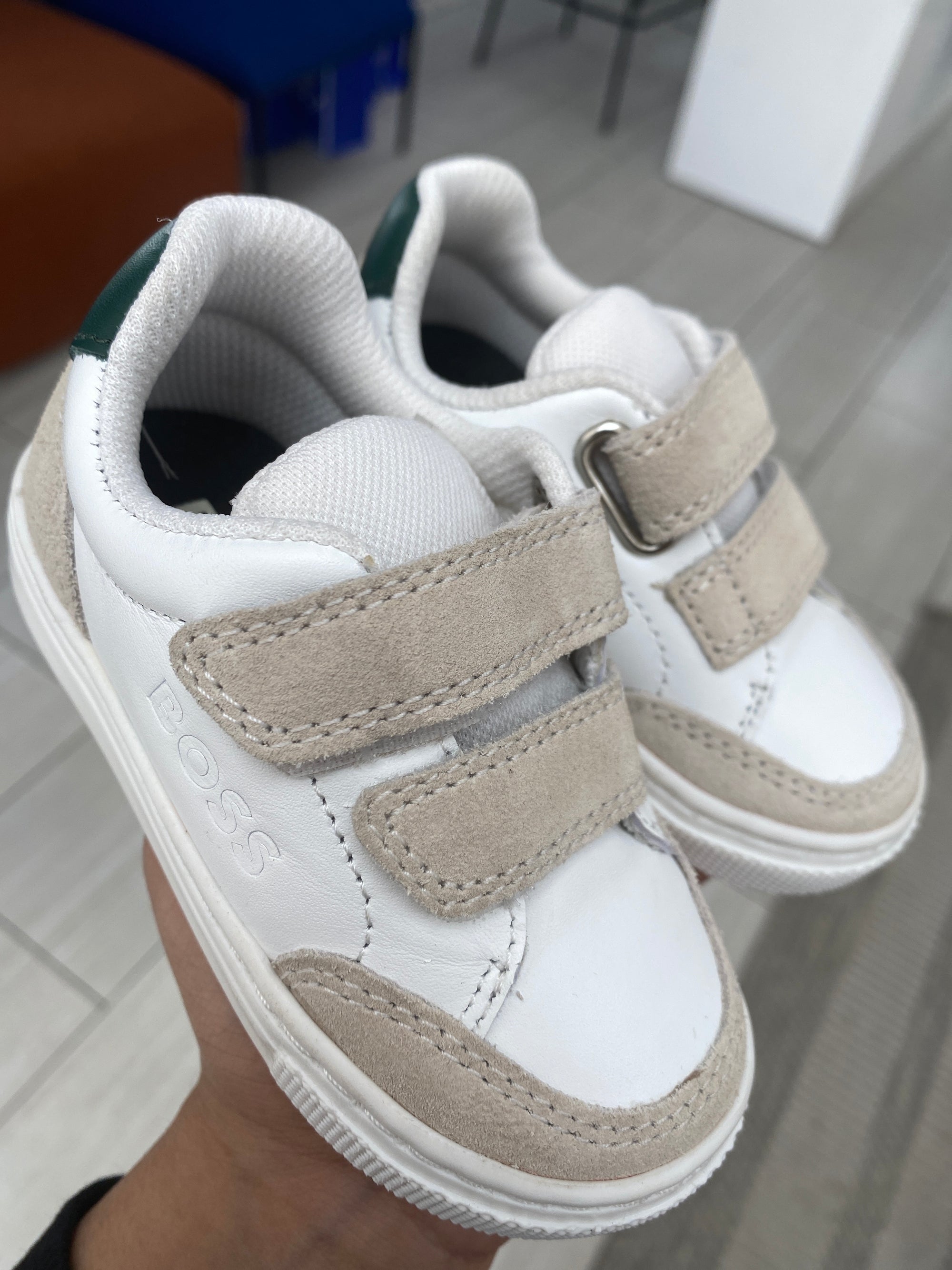 Hugo Boss White and Olive Velcro Baby Sneaker-Tassel Children Shoes