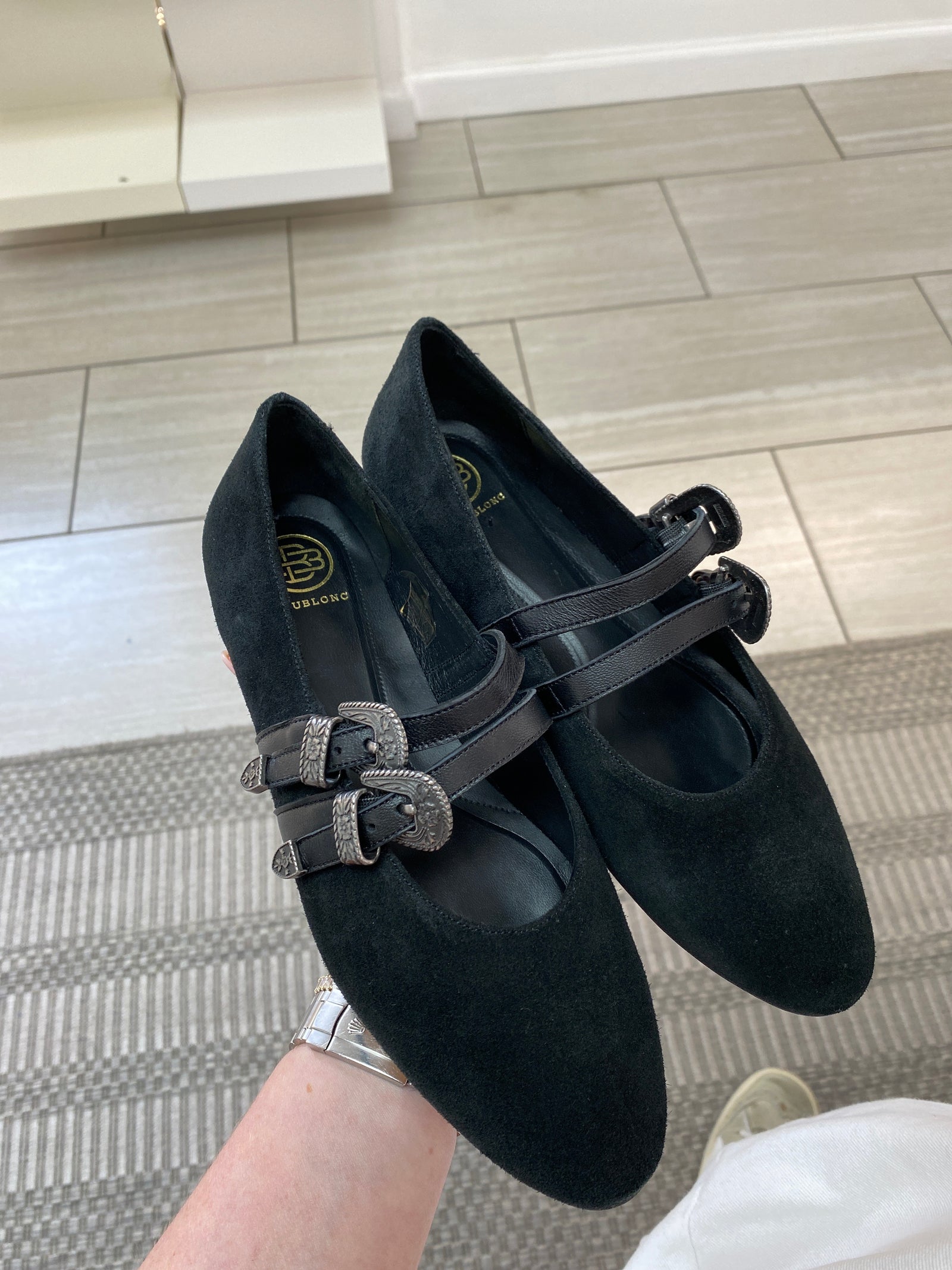 Blublonc Black Suede Double Buckle Ballet Flat-Tassel Children Shoes