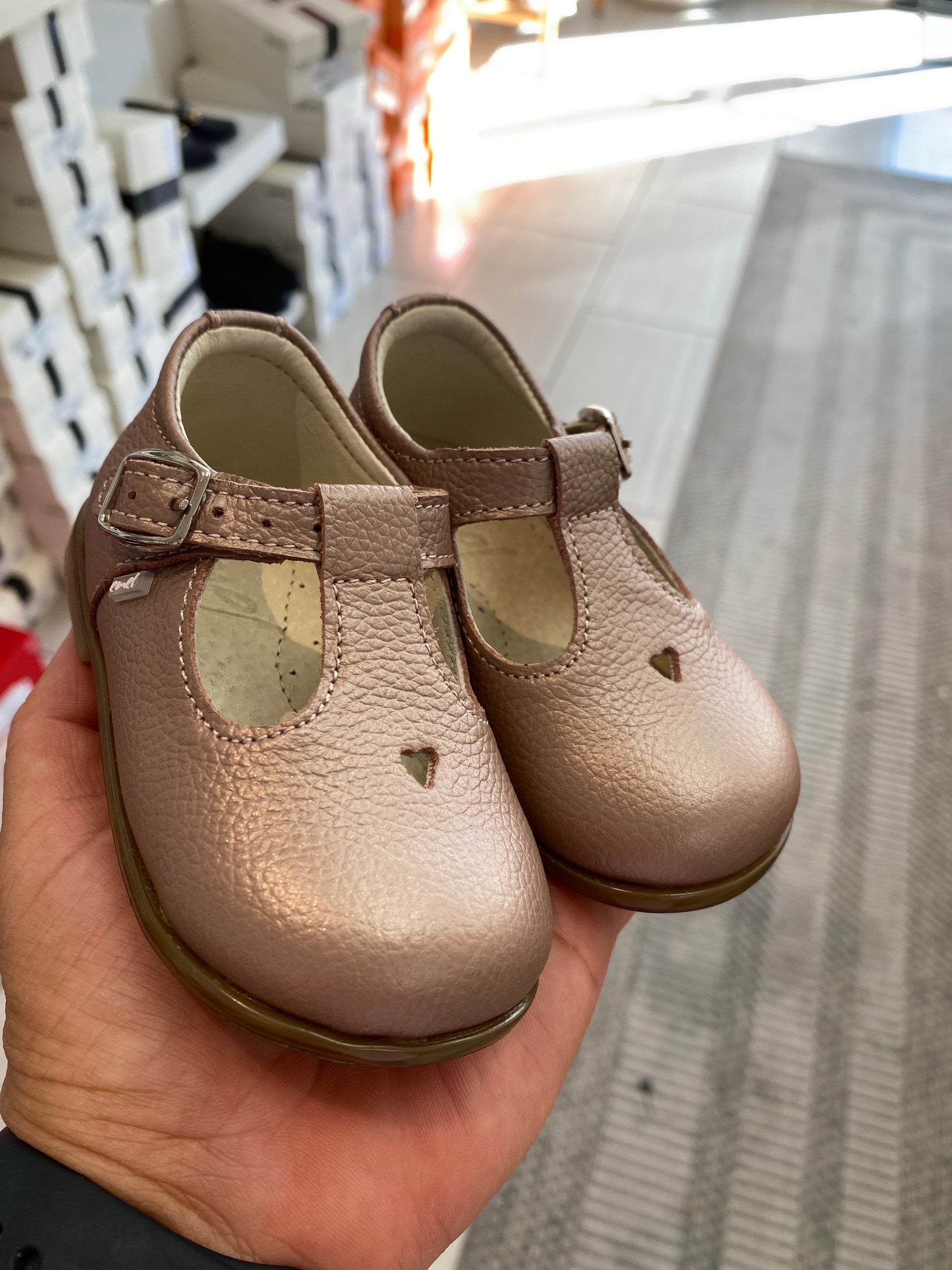 Emel Pearlized Pink Heart T Strap Baby Shoe
