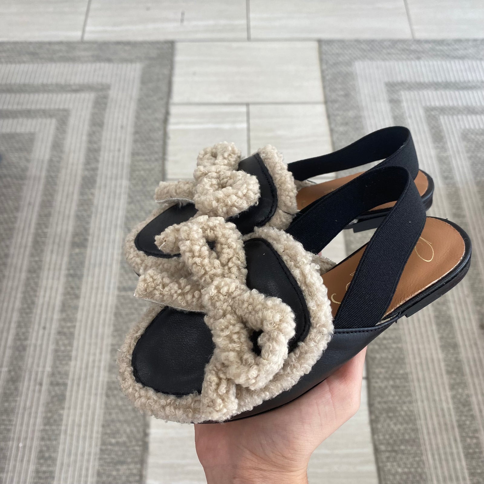 Papanatas Black and White Shearling Bow Mule-Tassel Children Shoes