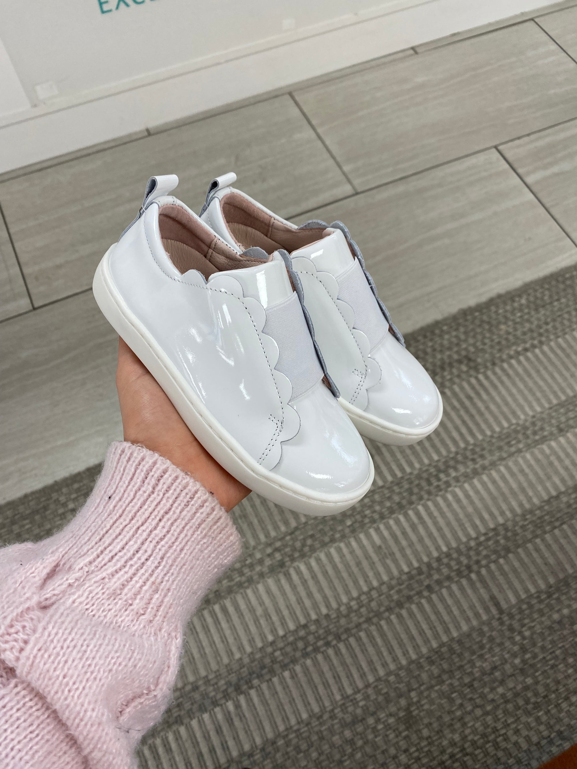 Jacadi White Patent Scalloped Elastic Sneaker-Tassel Children Shoes