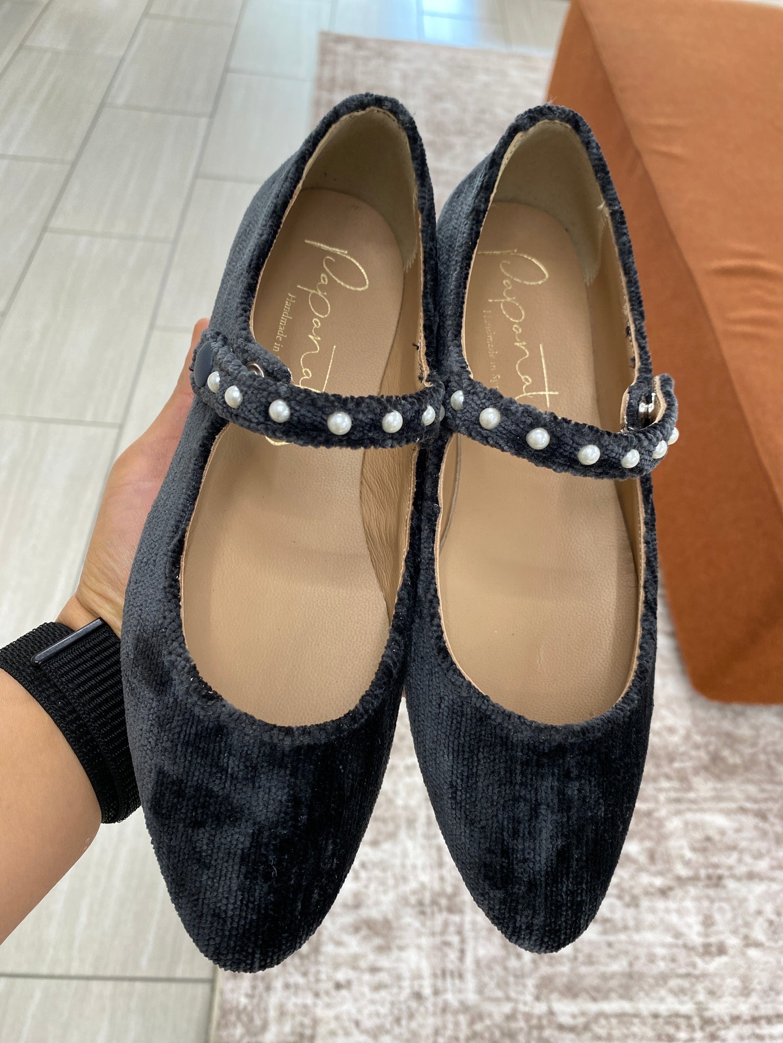 Papanatas Dark Gray Velvet Pearl Mary Jane-Tassel Children Shoes