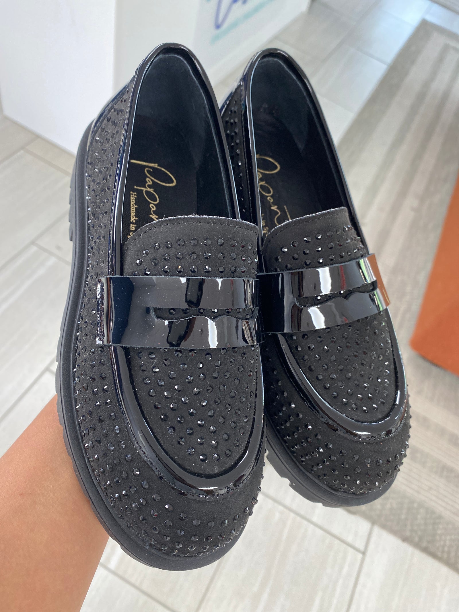 Papanatas Black Rhinestone Studded Chunky Loafer-Tassel Children Shoes