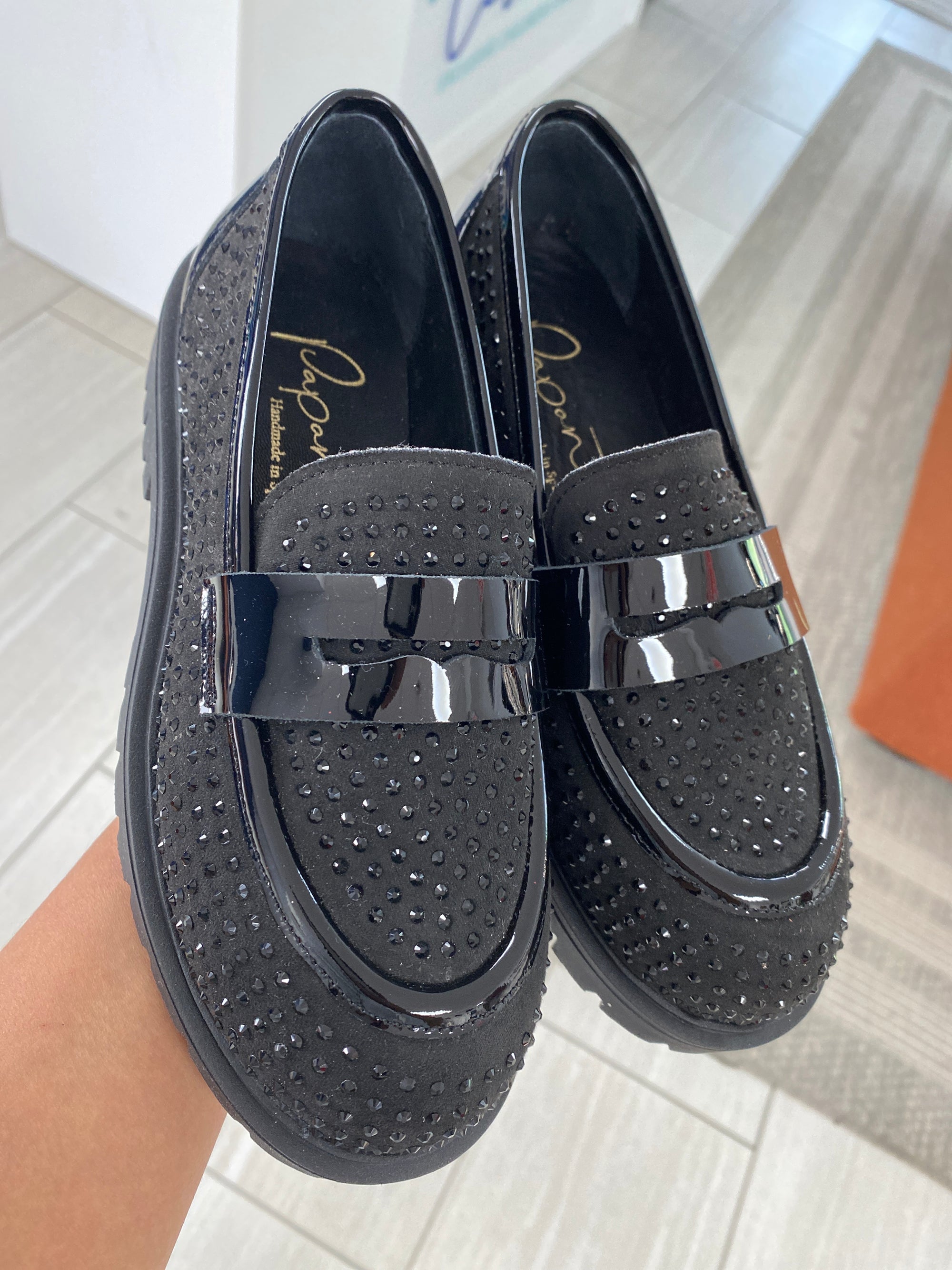 Papanatas Black Rhinestone Studded Chunky Loafer