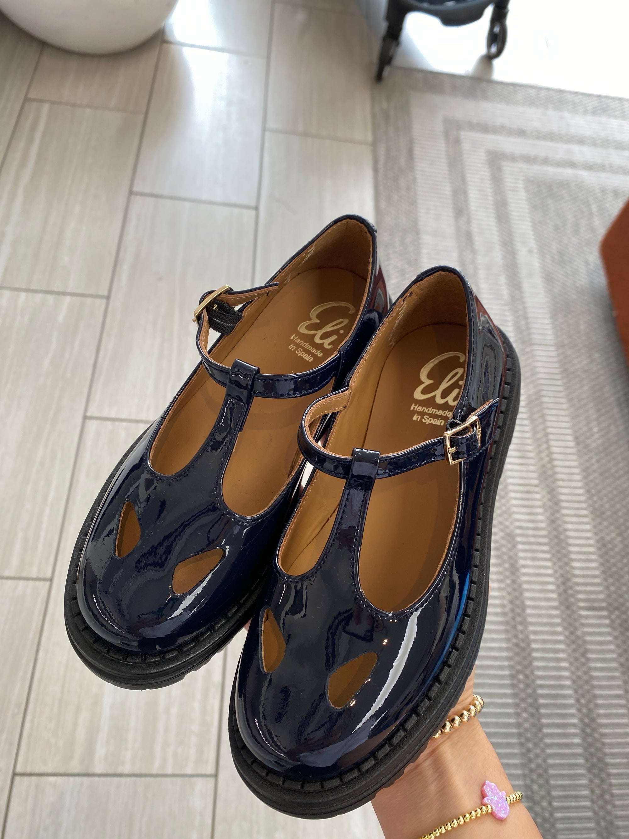 Papanatas Navy Patent T Strap-Tassel Children Shoes