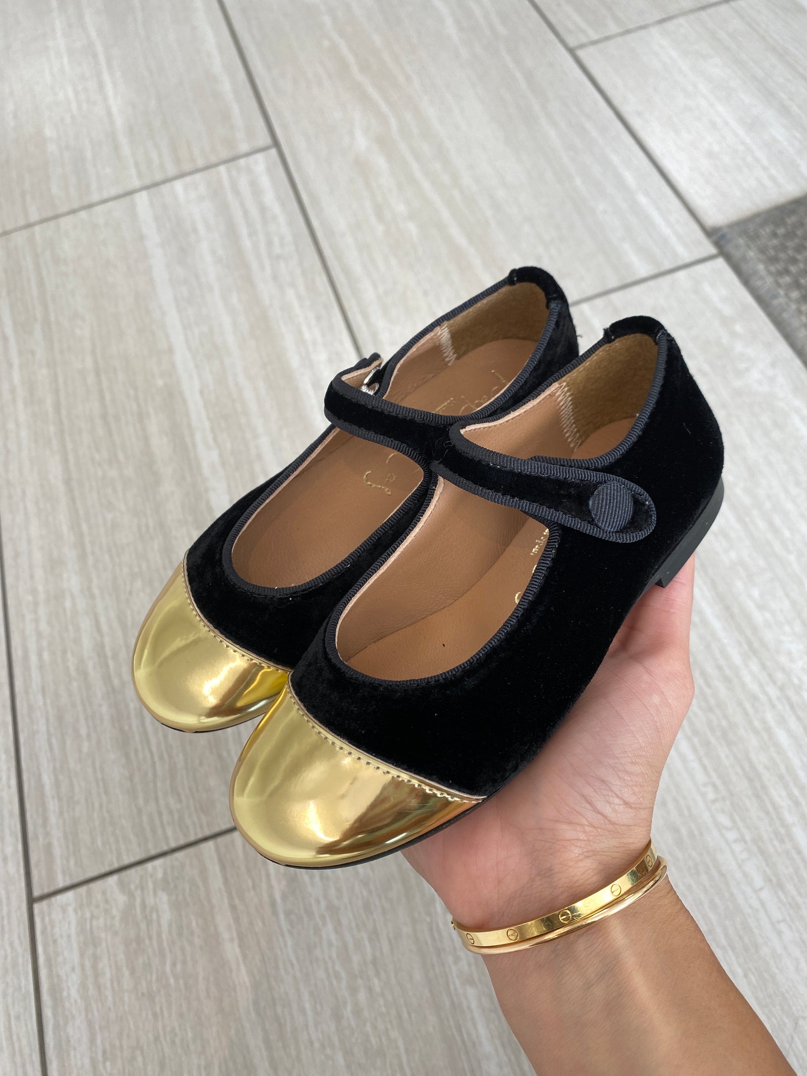 Papanatas Black Velvet and Gold Captoe Mary Jane-Tassel Children Shoes