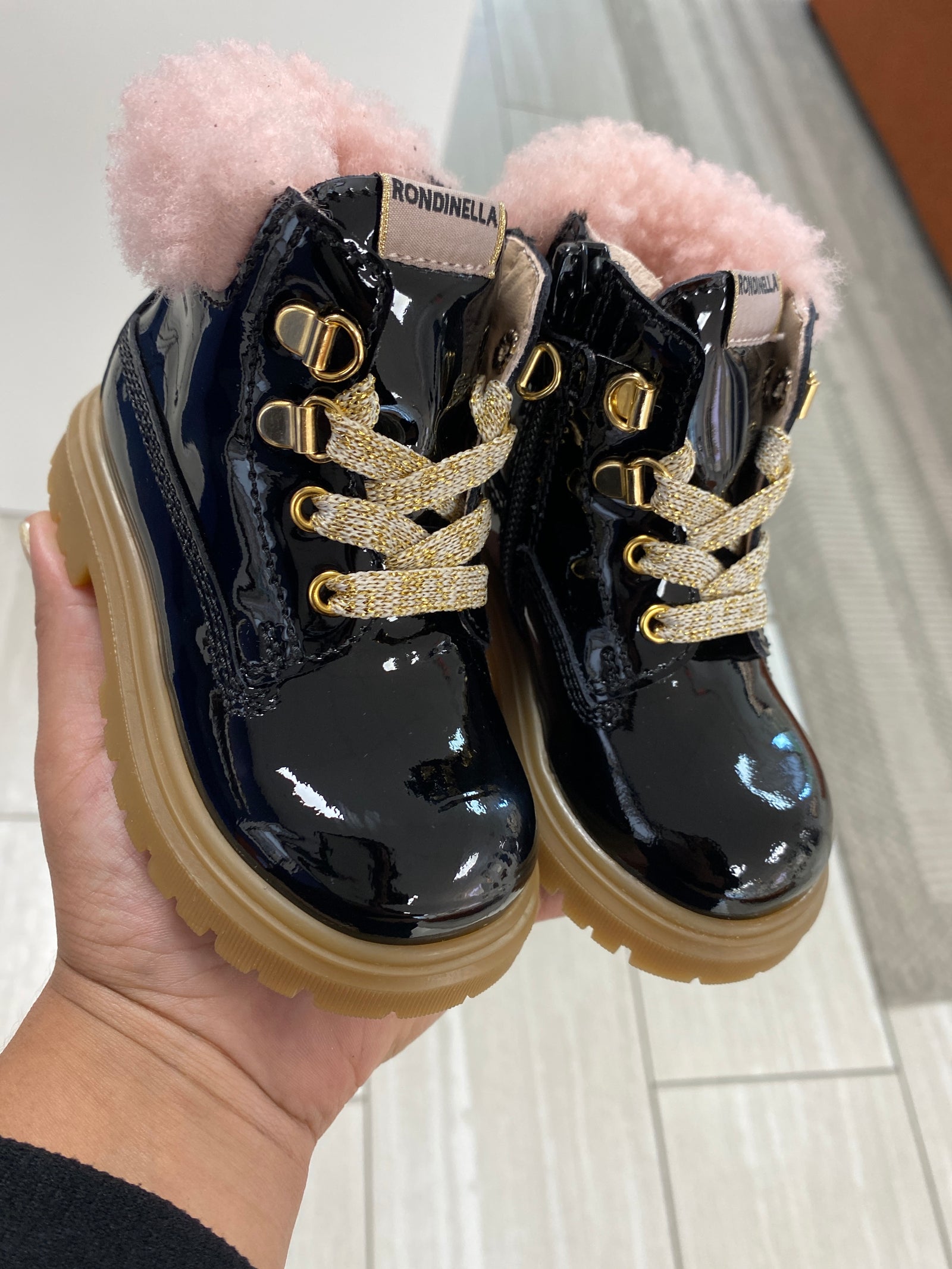 Rondinella Black Patent And Fur Baby Bootie-Tassel Children Shoes