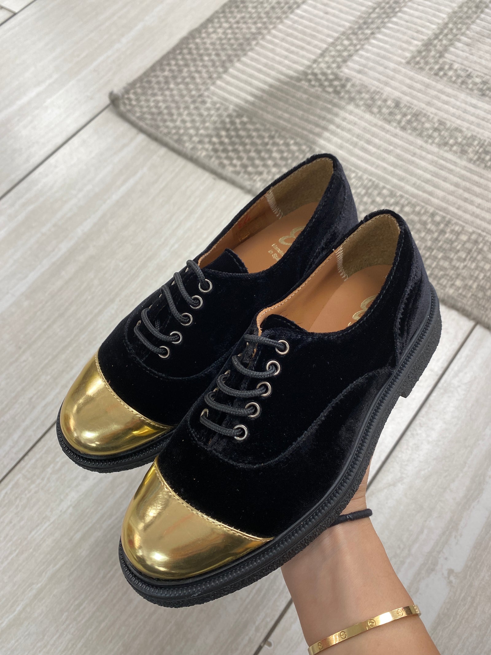 Papanatas Black Velvet Gold Cap Oxford-Tassel Children Shoes