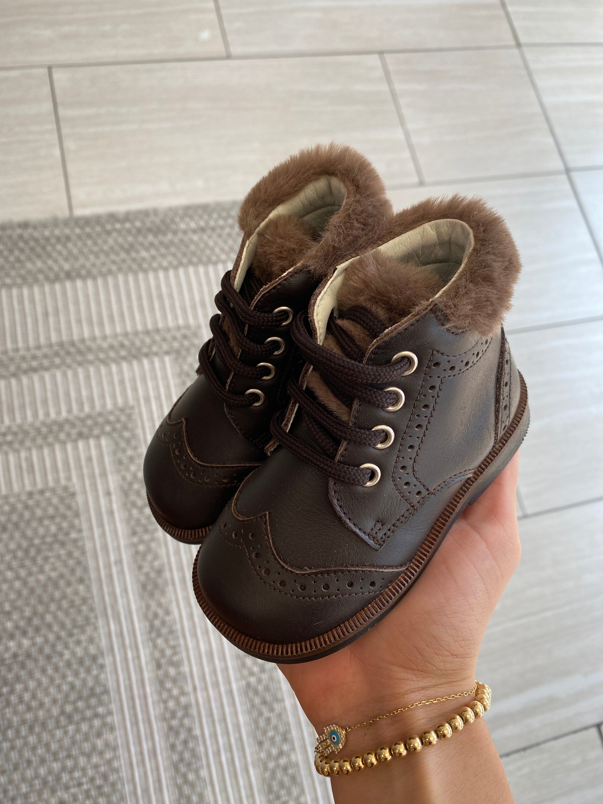 Andanines Brown Fur Trim Baby Bootie-Tassel Children Shoes