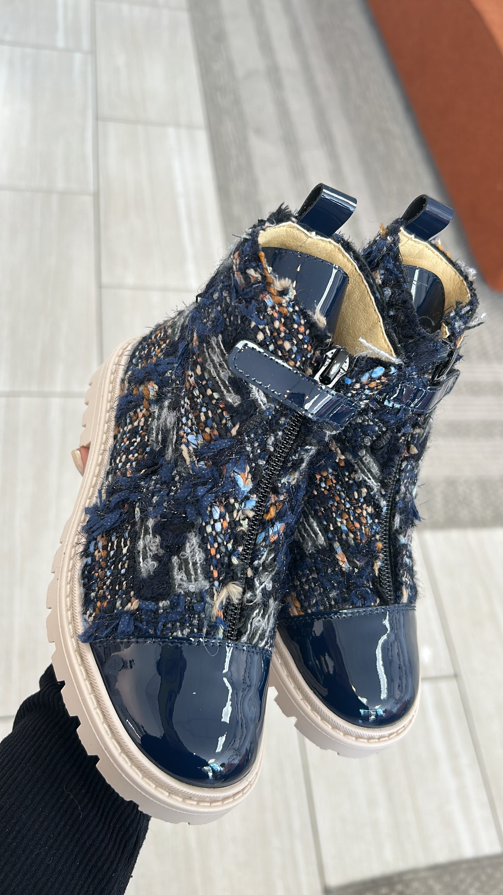 Andanines Navy PatchWork Captoe Zipper Bootie-Tassel Children Shoes