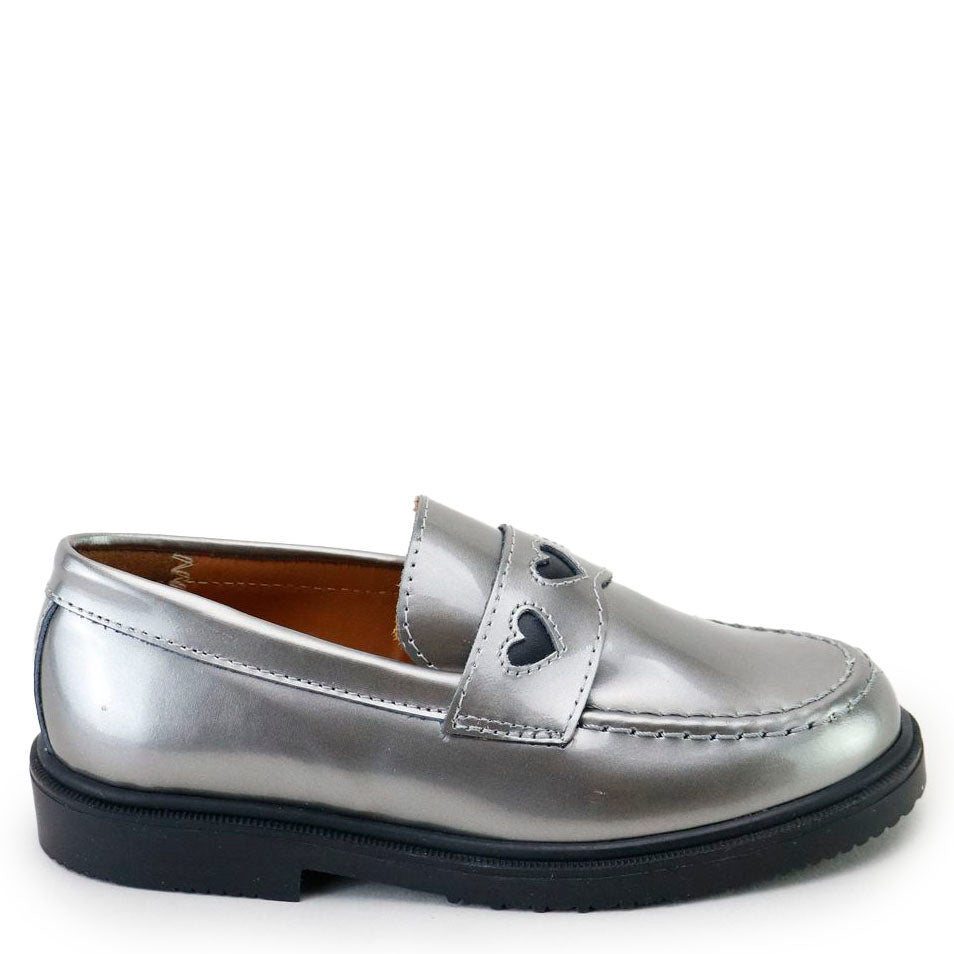 Papanatas Silver Metal Heart Penny Loafer-Tassel Children Shoes