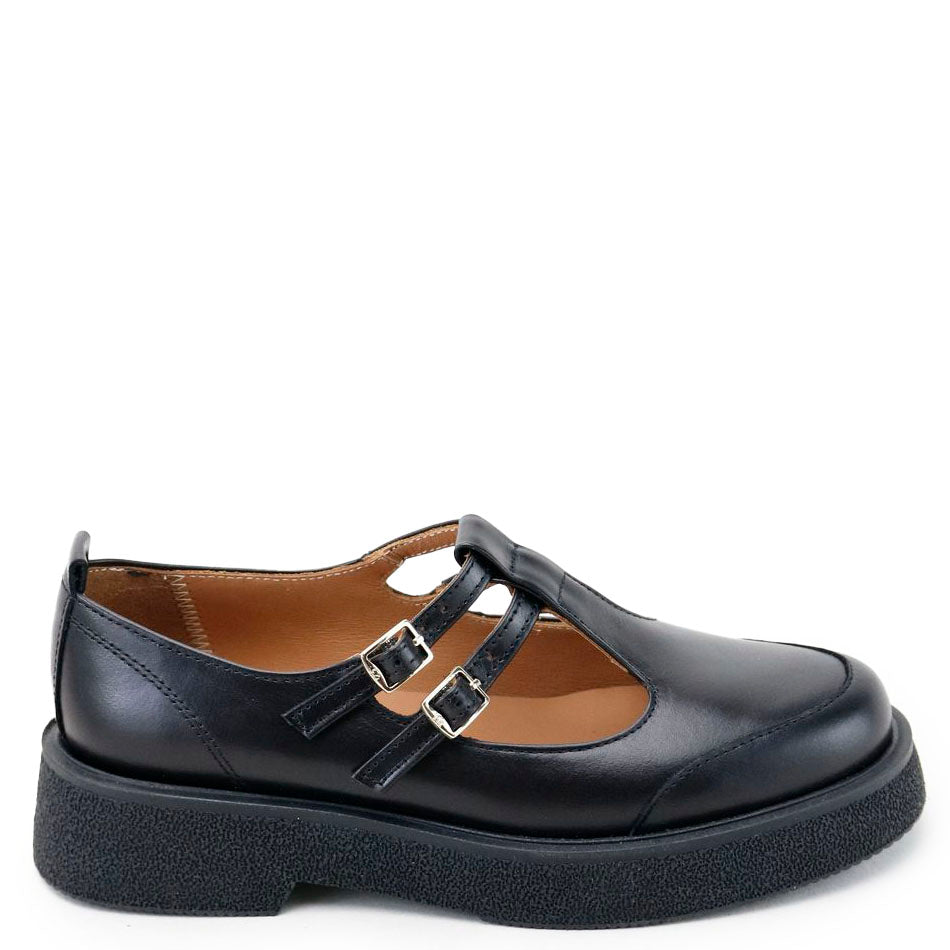 Papanatas Black Leather Double T Strap Loafer-Tassel Children Shoes
