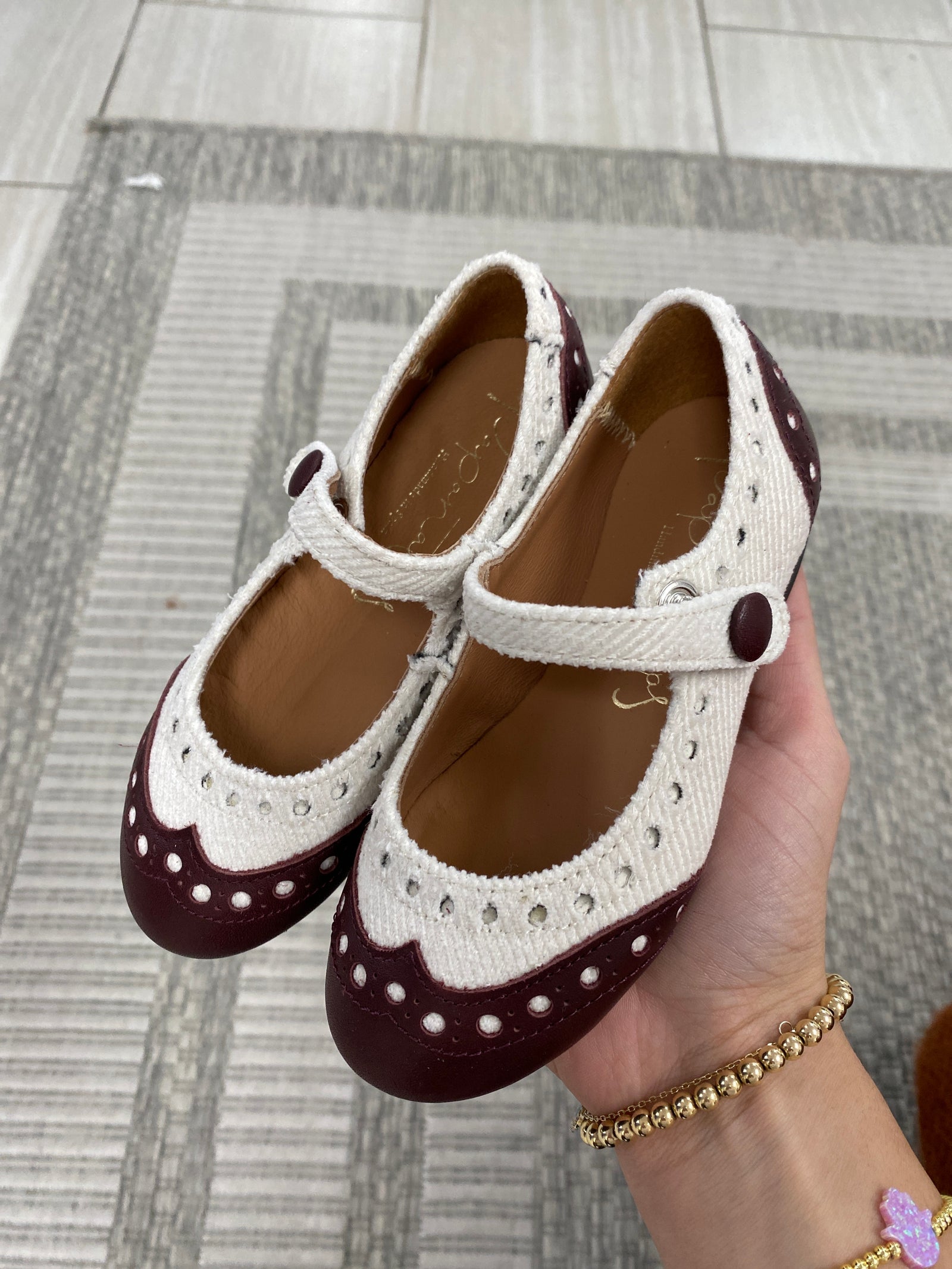 Papanatas White Wool and Burgundy Wingtip Mary Jane-Tassel Children Shoes