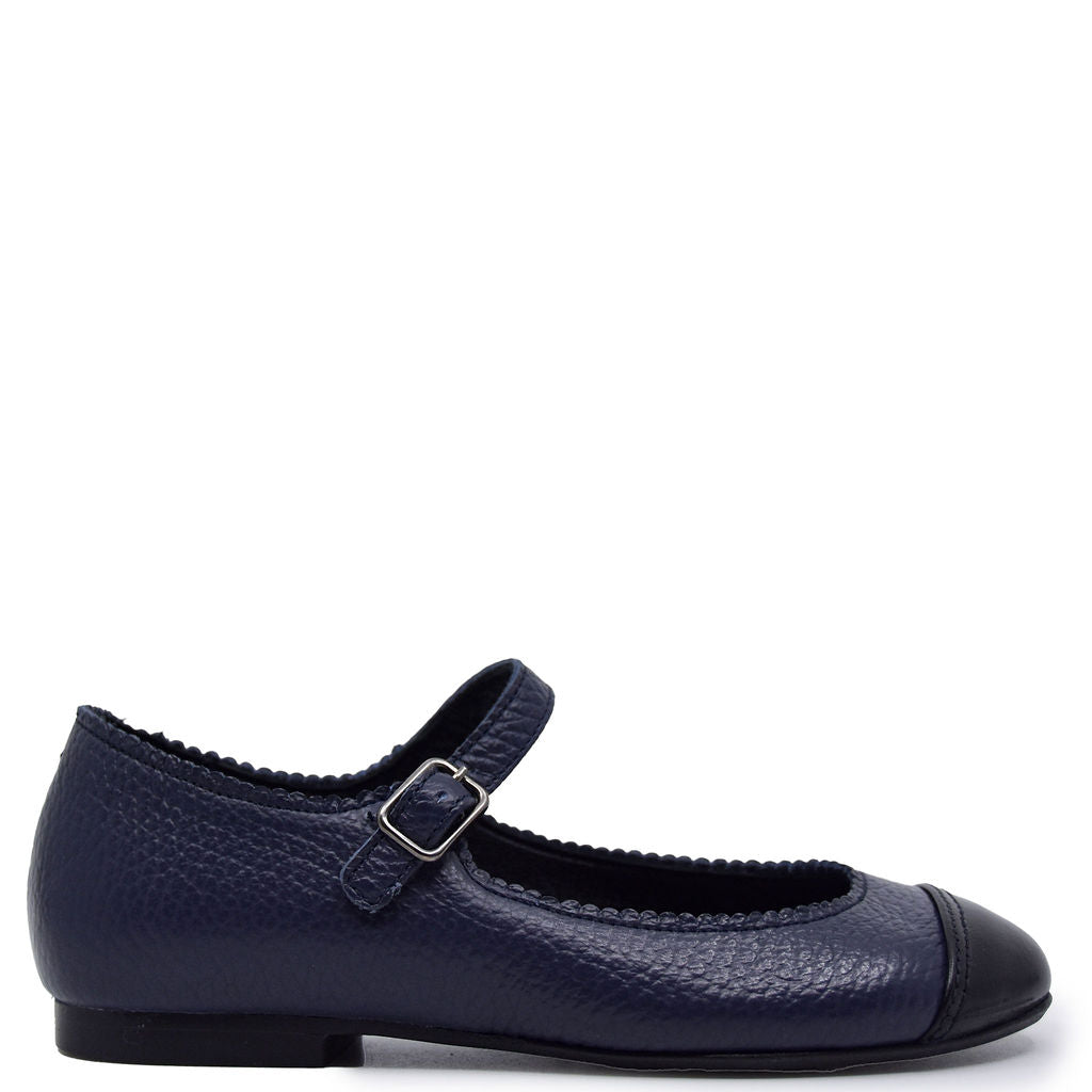 Blublonc Navy Pebbled Captoe Mary Jane-Tassel Children Shoes
