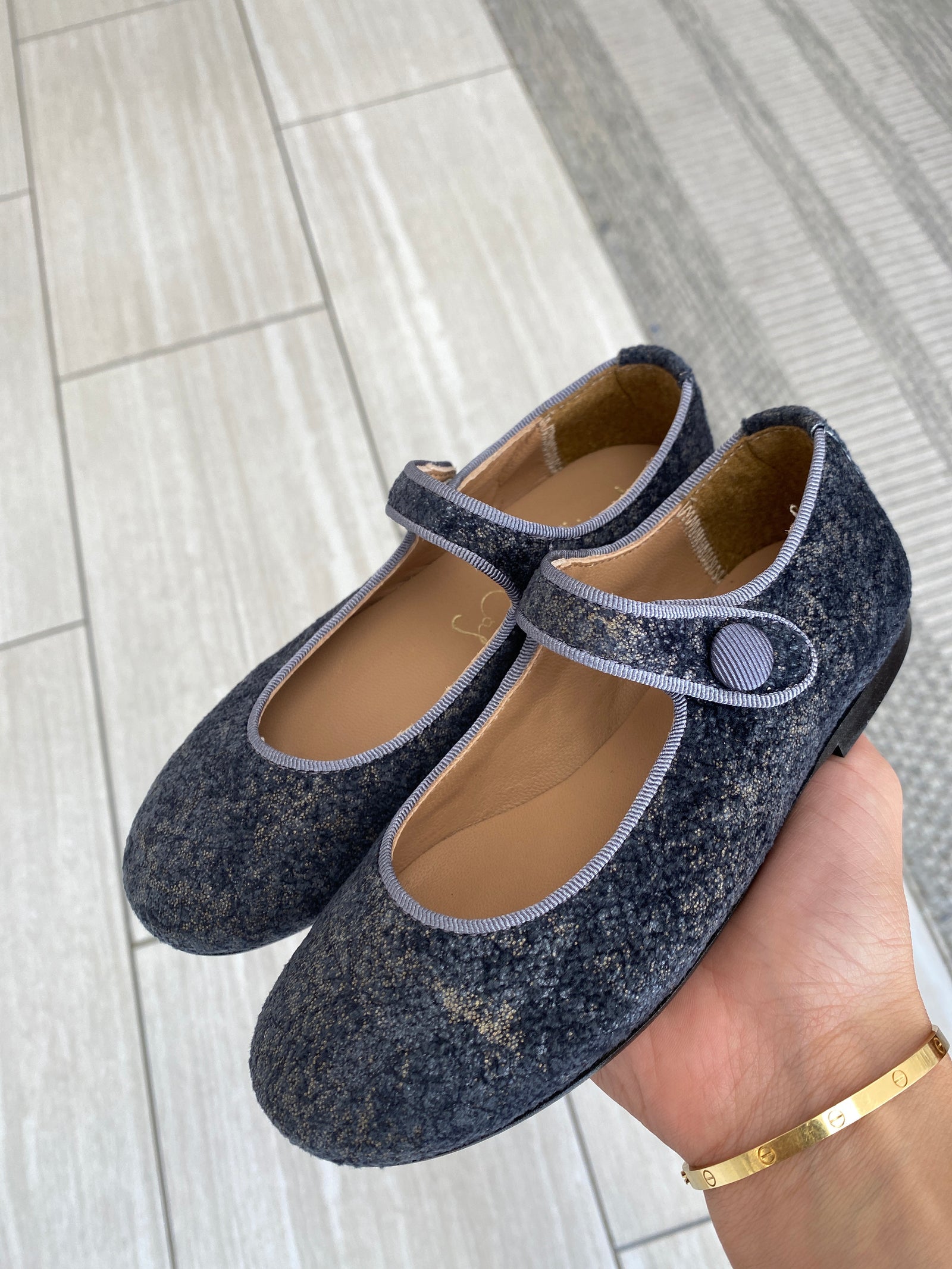 Papanatas Gray Pearlized Velvet Mary Jane-Tassel Children Shoes