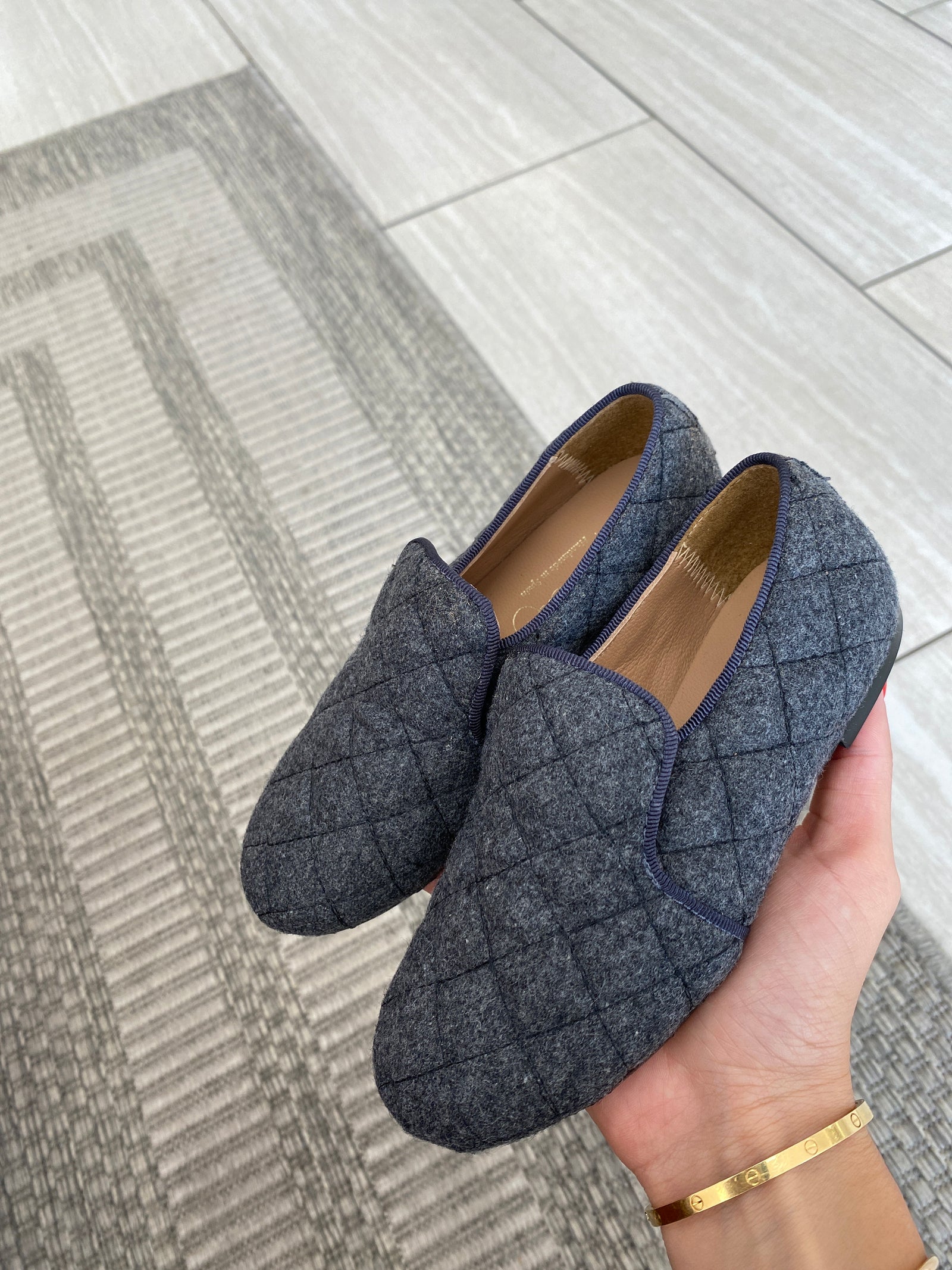 Papanatas Gray Quilted Wool Smoking Loafer-Tassel Children Shoes