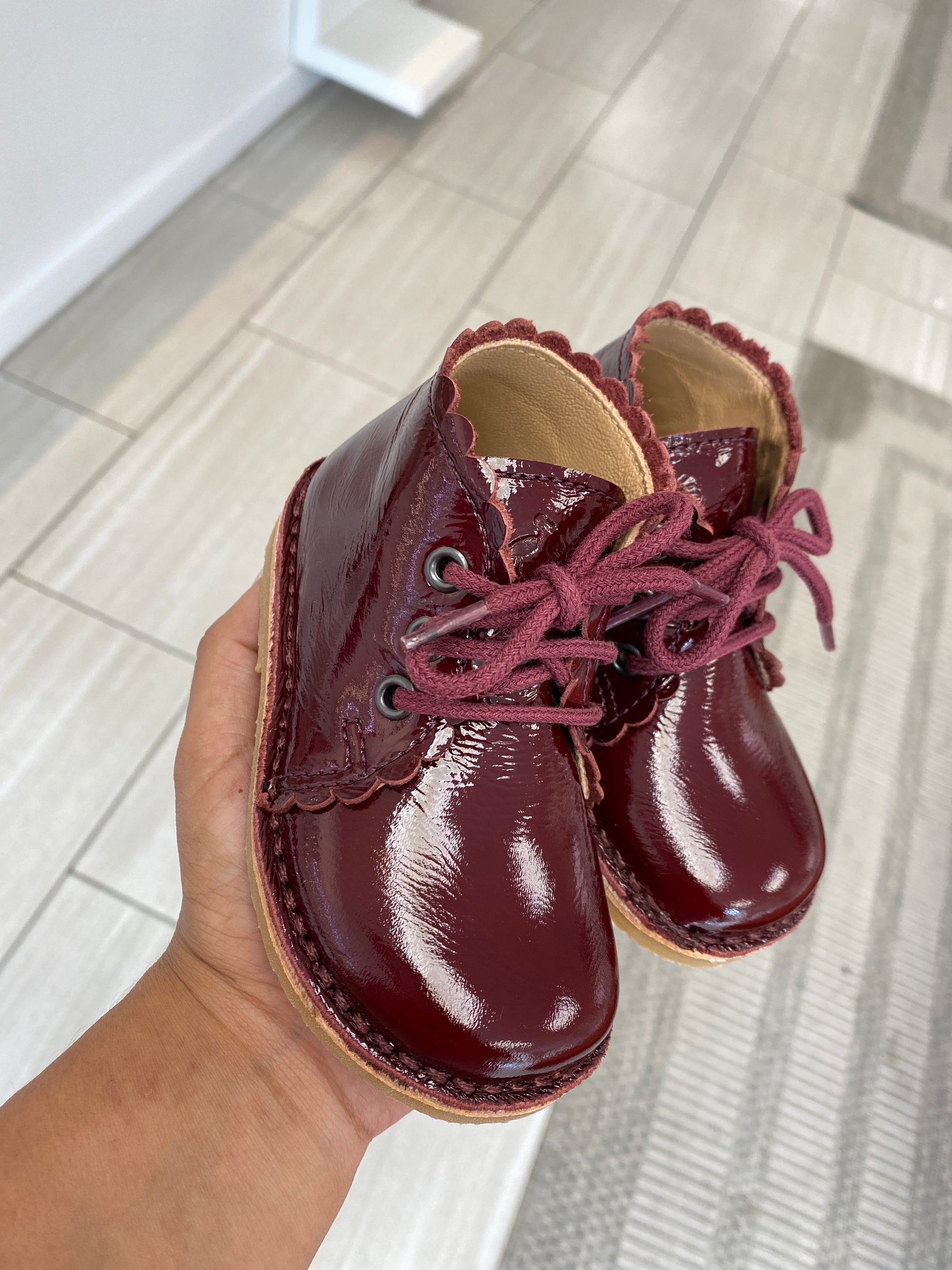 Petit Nord Burgundy Patent Scalloped Baby Boot-Tassel Children Shoes