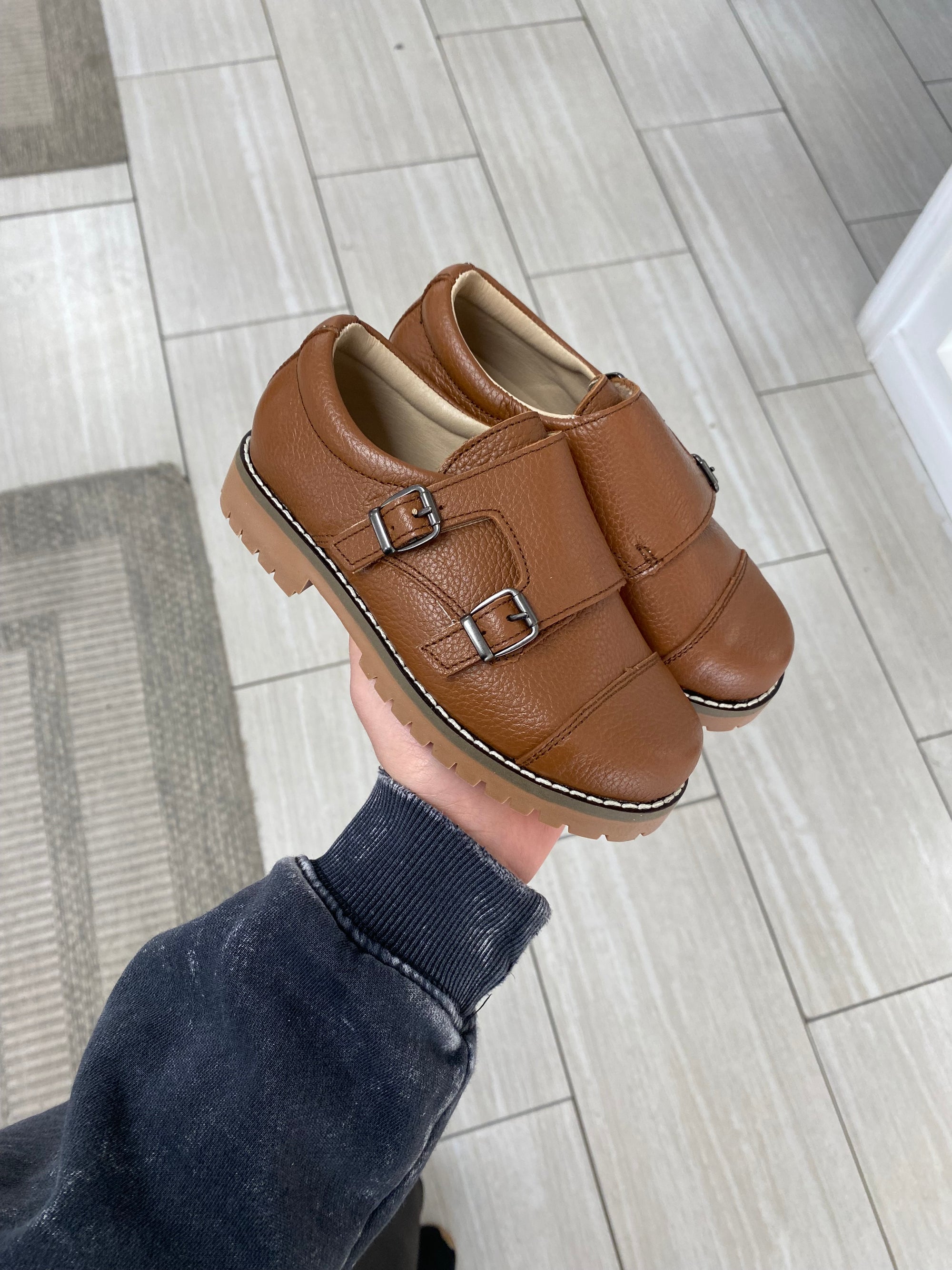 Blublonc Tan Double Monk Loafer-Tassel Children Shoes