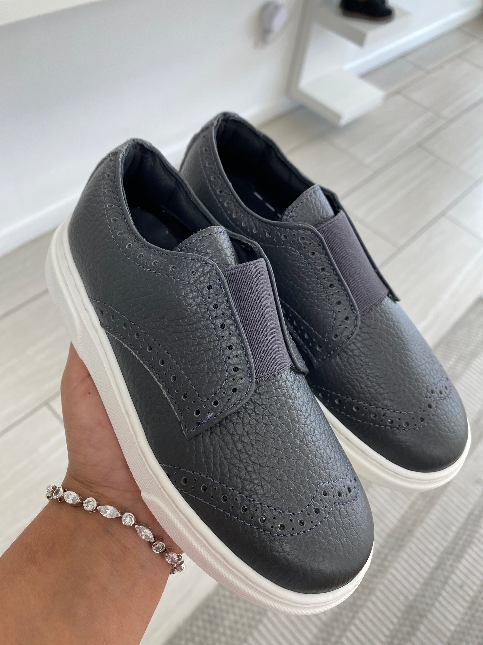 Blublonc Dark Gray Pebbled Elastic Dress Sneaker-Tassel Children Shoes