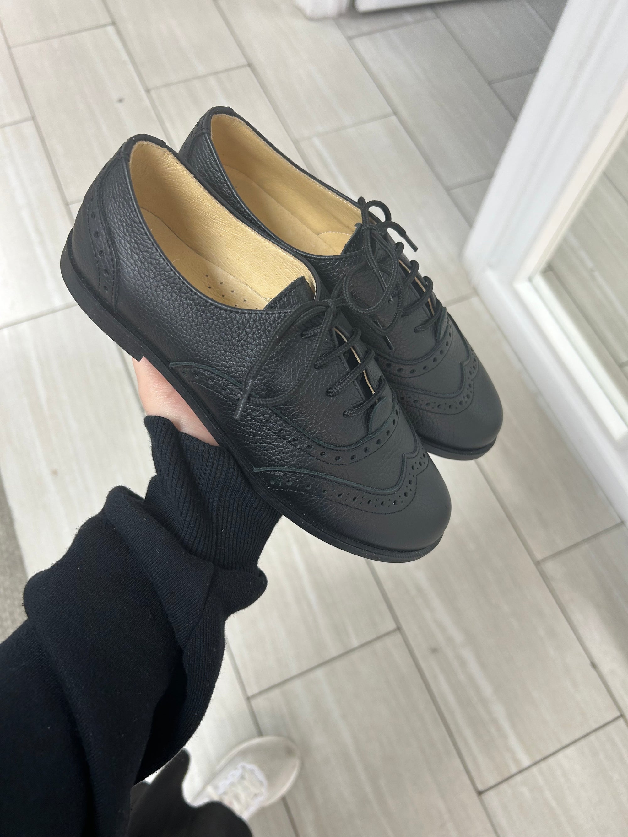 Spain+Co Black Pebbled Wingtip Lace Dress Shoe-Tassel Children Shoes