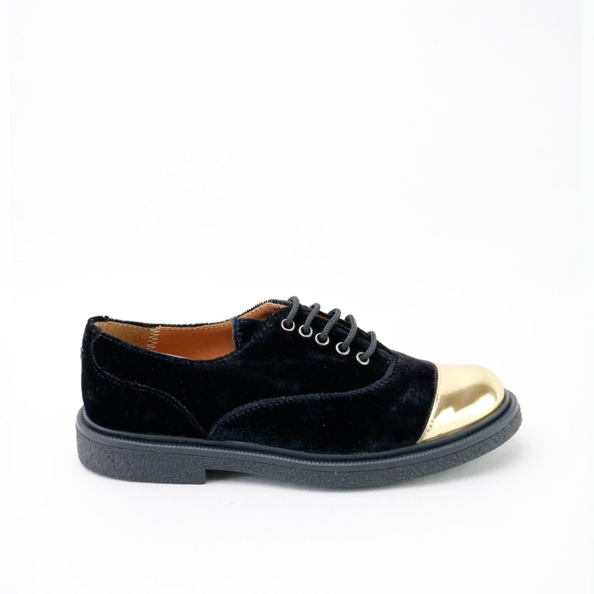 Papanatas Black Velvet Gold Cap Oxford-Tassel Children Shoes
