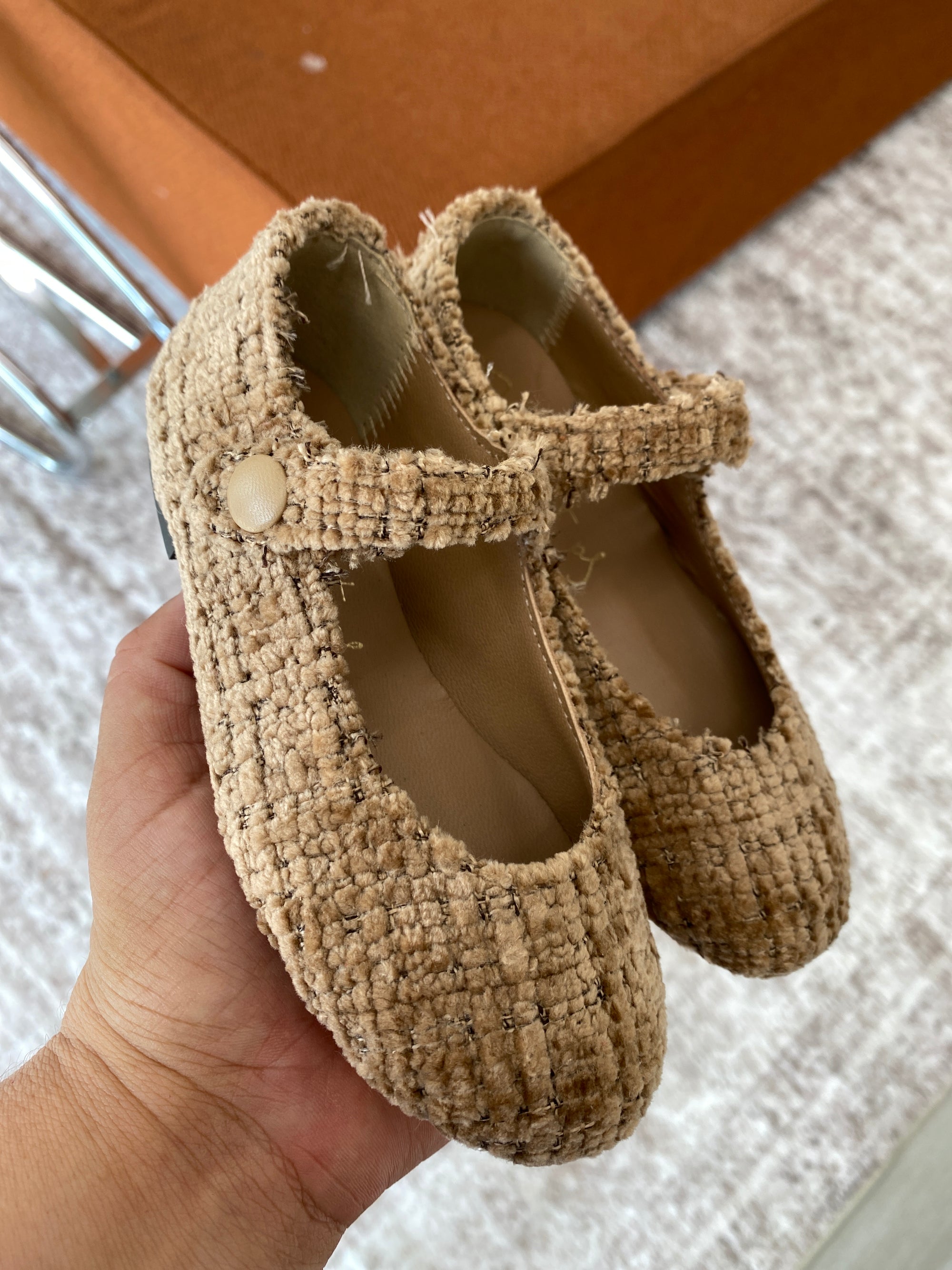 Papanatas Taupe Chenille Mary Jane-Tassel Children Shoes